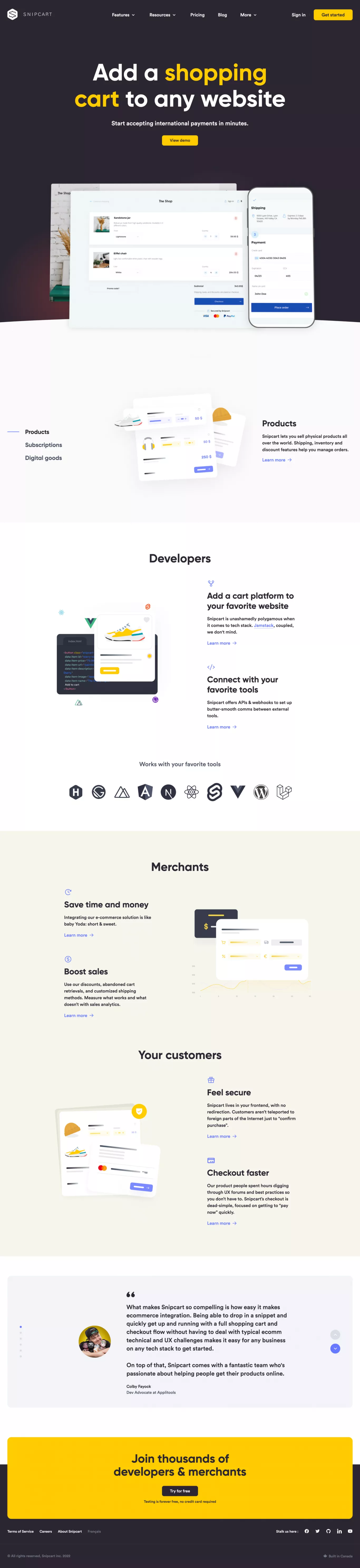 Add a Shopping Cart to Any Website in Mi landing page screenshot showcasing Tech and Marketing design