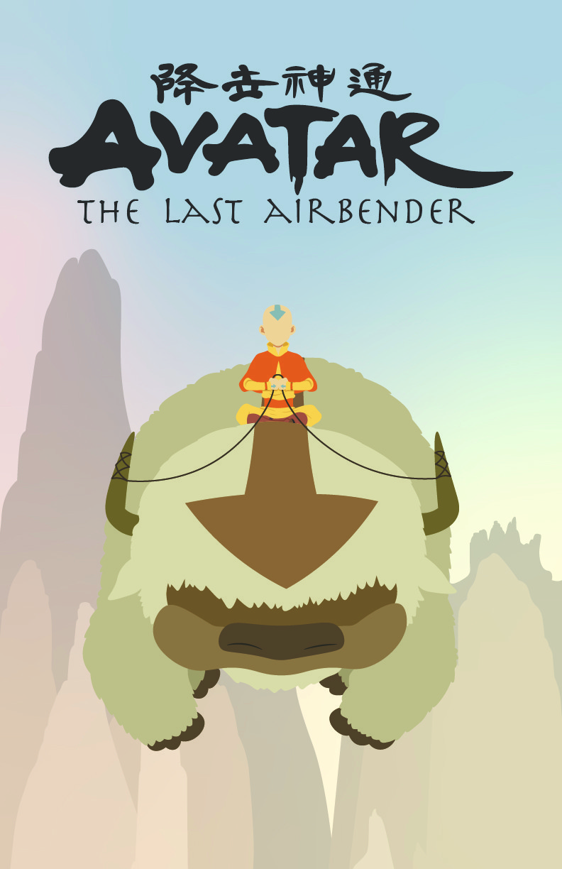 Poster of a simplified Aang and Appa flying through a mountain range