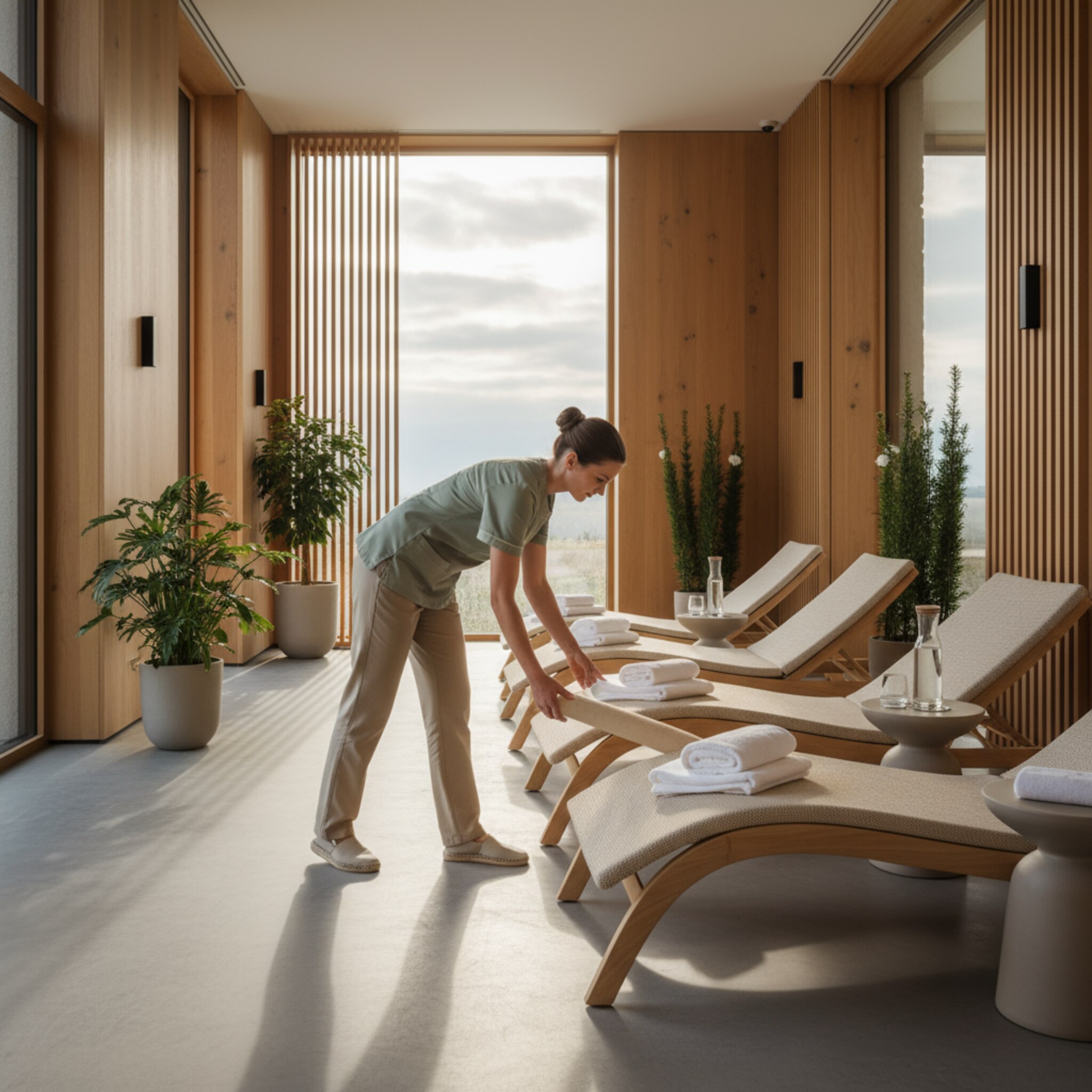 Ein Mitarbeiter richtet am frühen Vormittag eine ruhige Zone her und verschiebt dezent ein paar Liegen, sodass mehr Platz entsteht. Draußen wechseln Wolken und Sonne, das Licht im Raum bleibt weich. Es wirkt wie eine sorgfältige Vorbereitung auf wechselnde Besucherströme.