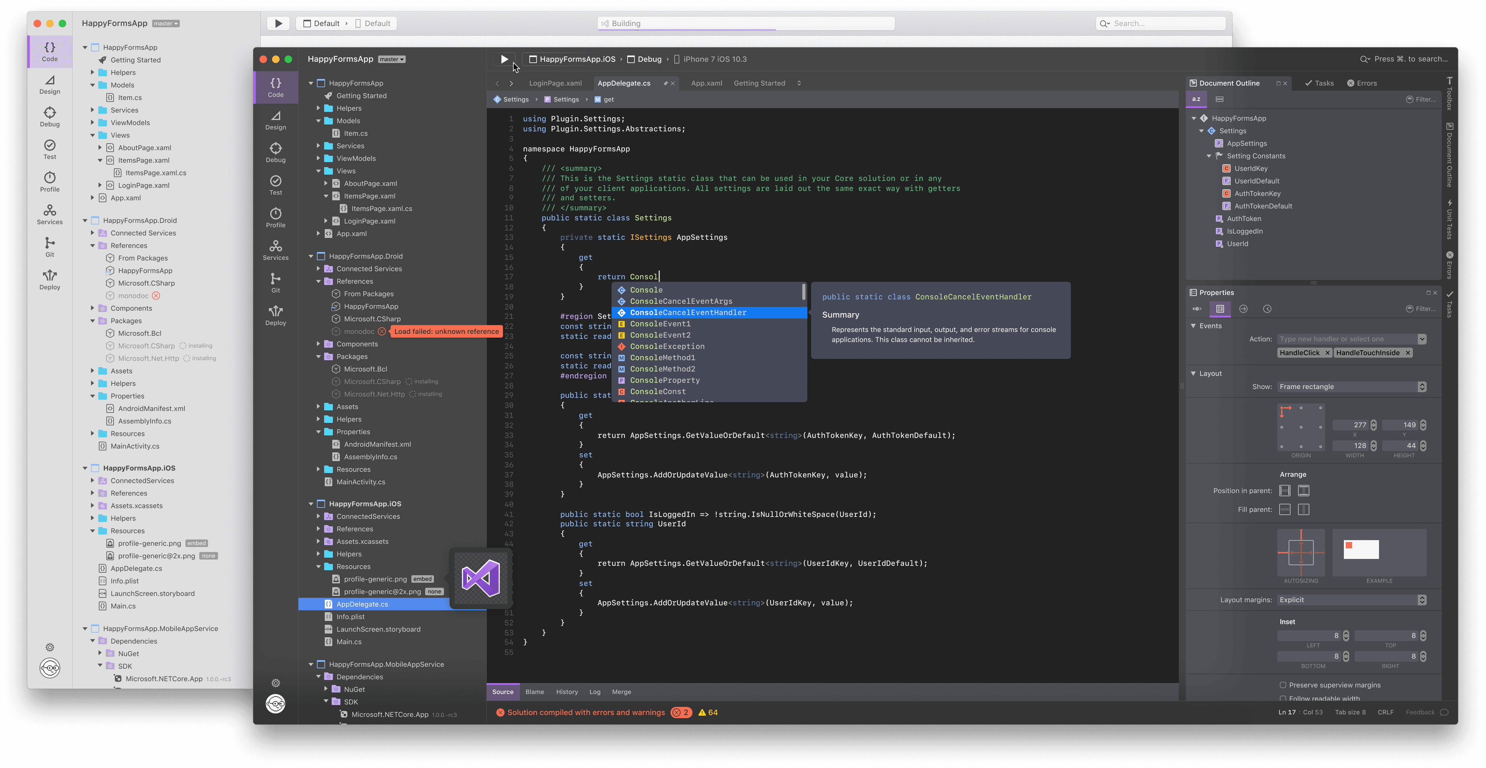 Visual Studio for Mac interface showing code editor, file explorer, and project structure for a software application named HappyFormsApp.