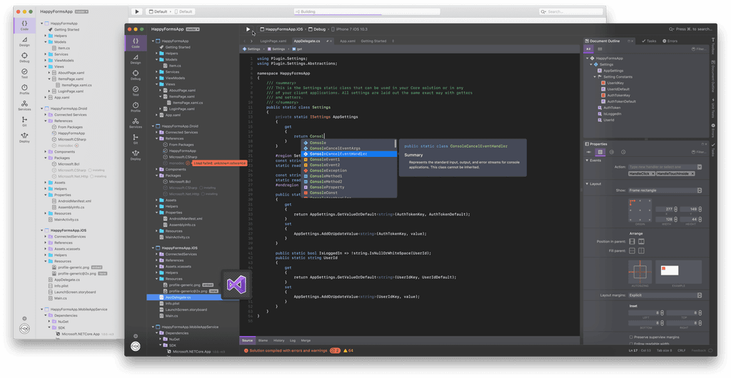 Visual Studio for Mac interface showing code editor, file explorer, and project structure for a software application named HappyFormsApp.