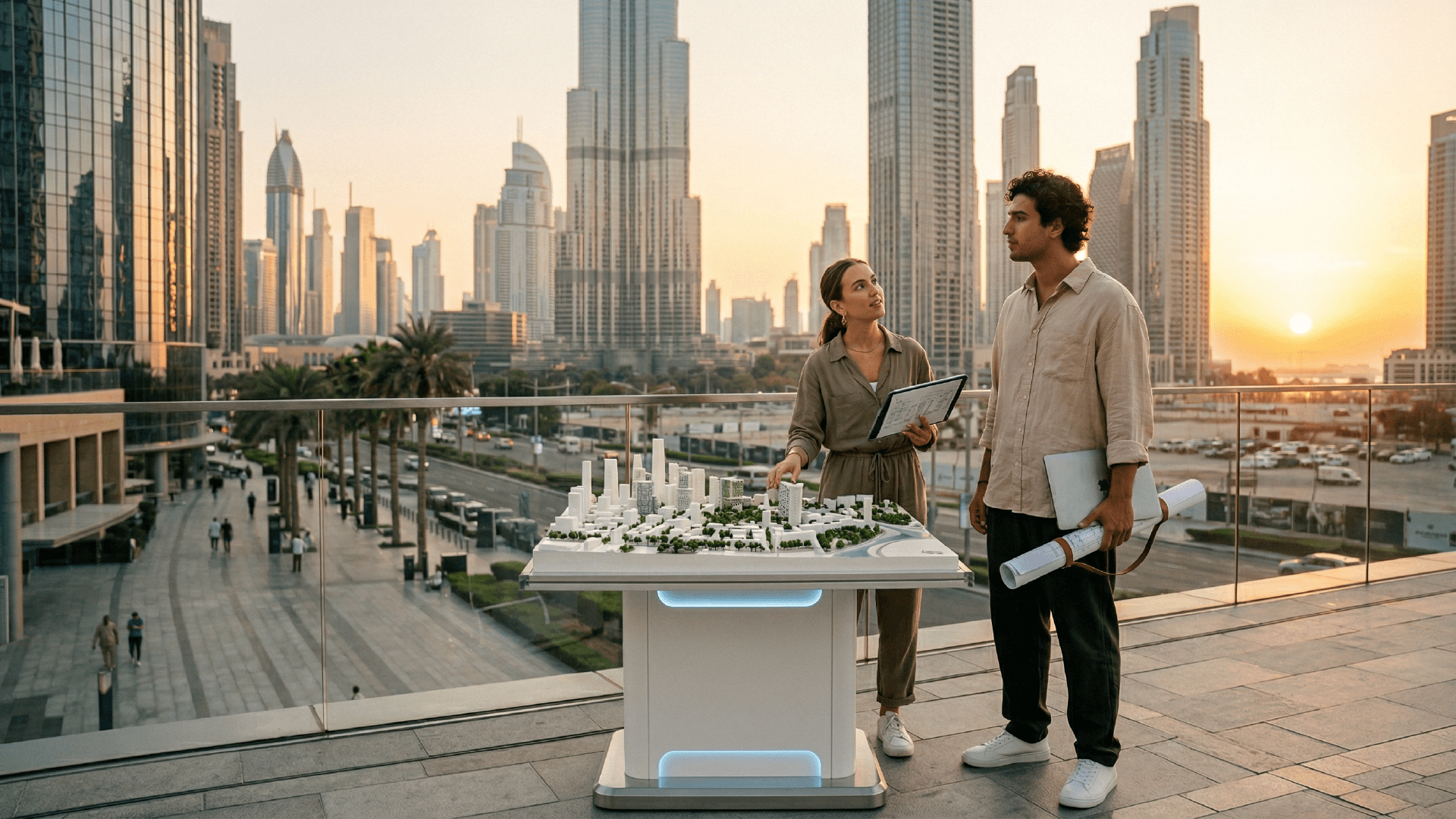Architects reviewing urban planning blueprints and scale models at a professional firm in Dubai