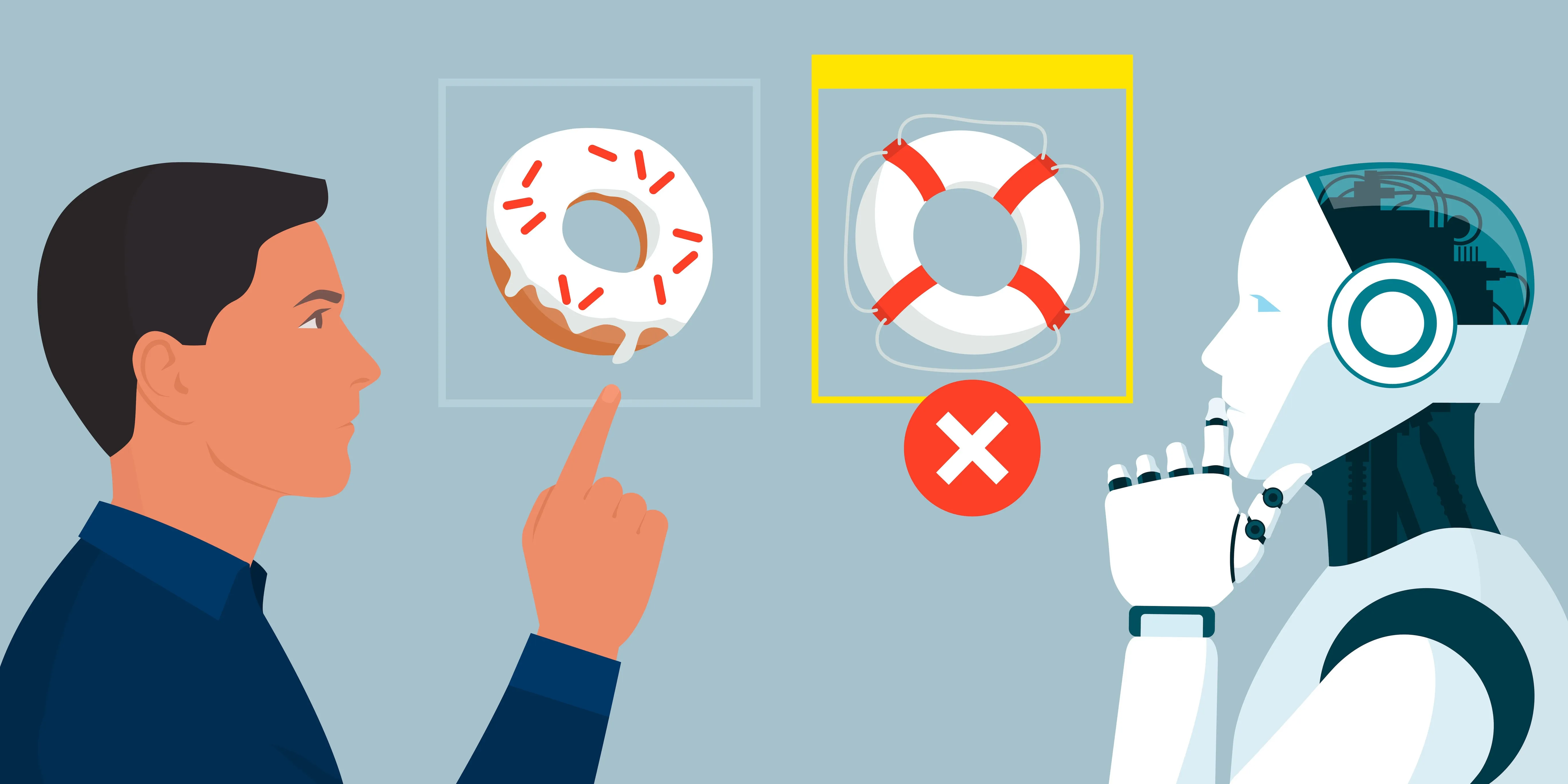 Illustration of a man and a robot, with the man choosing a donut while the robot considers a life preserver.