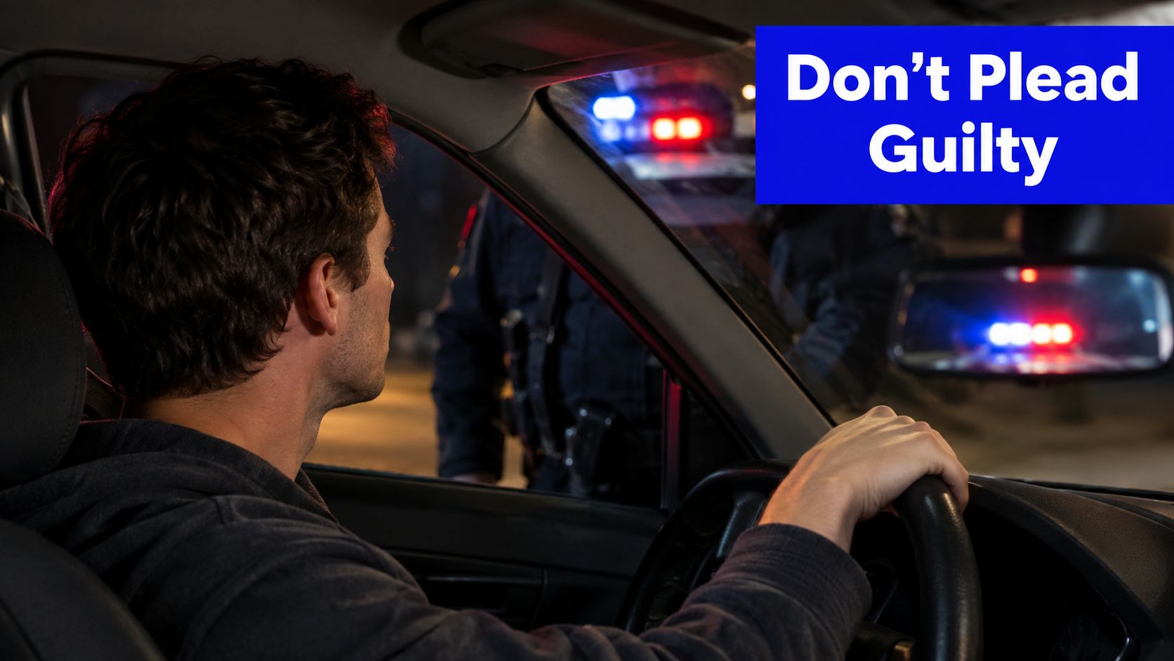 A man sits in the driver seat of his car being approached by a police officer at night.