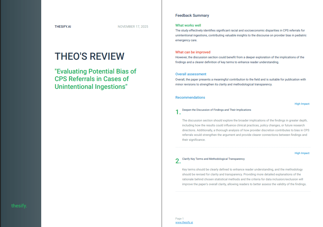 First pages of a thesify downloadable feedback report titled ‘Theo’s Review’ with feedback summary and recommendations.