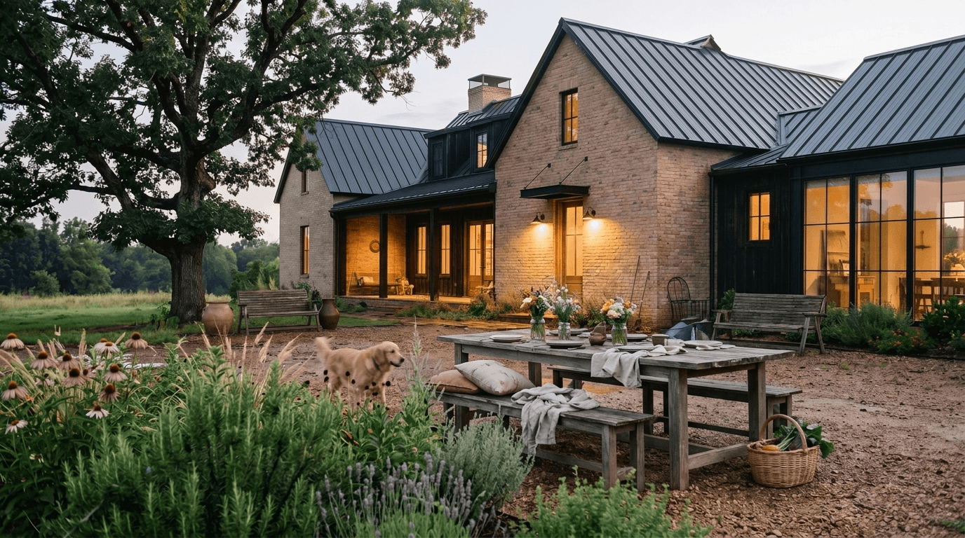 Planned project visualization of a warm River Valley residence with pale masonry, black metal openings, art, planting, people, and a furnished garden terrace.