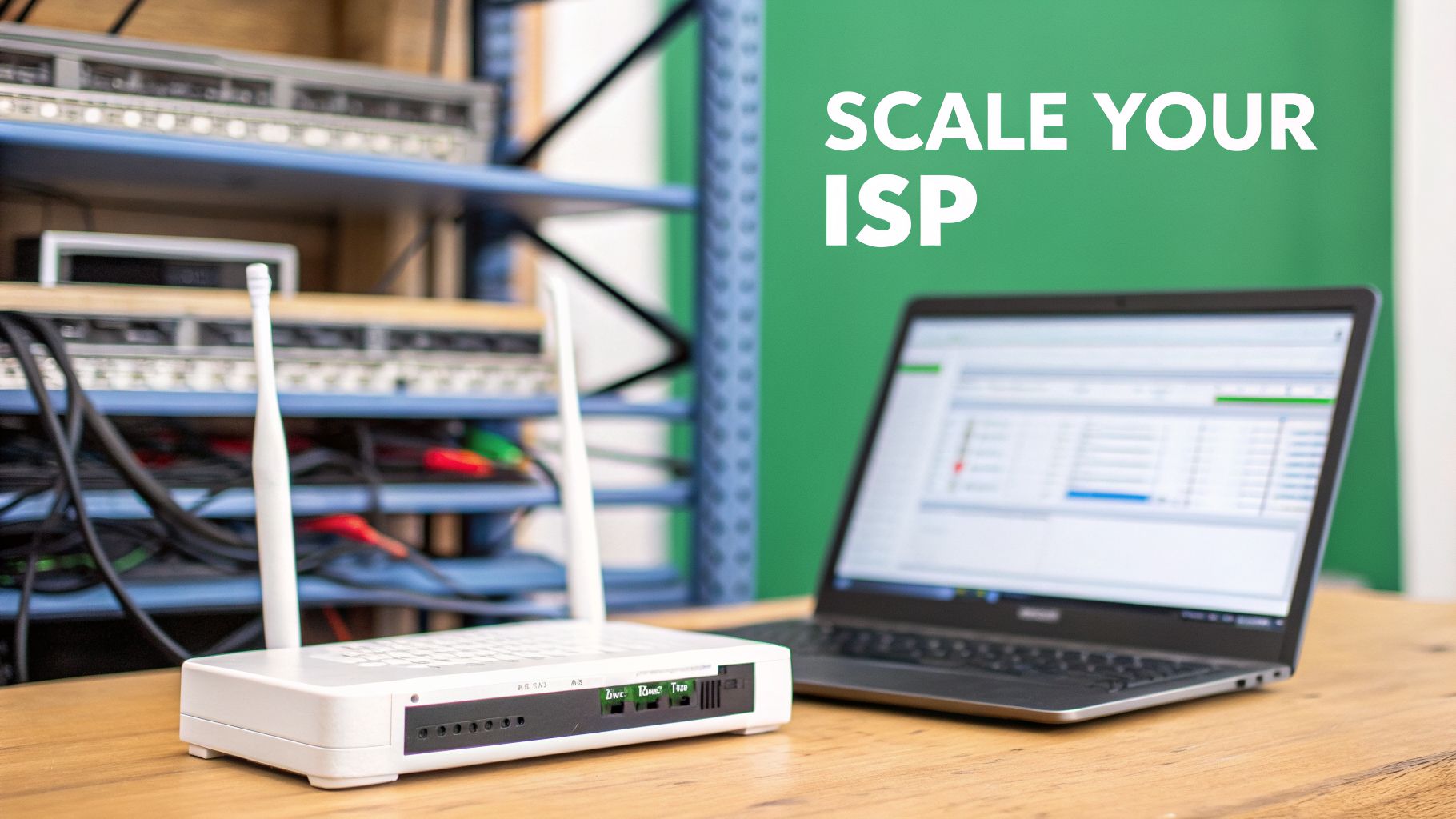 White wireless router, laptop displaying network data, and server racks in an ISP setup.