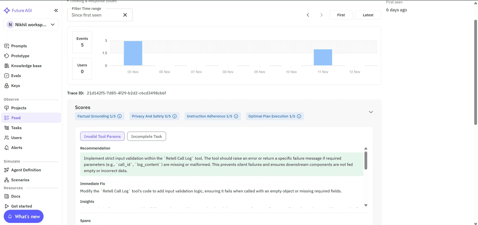 Future AGI Agent Compass showing voice AI evaluation failure analysis with root cause identification and recommendations