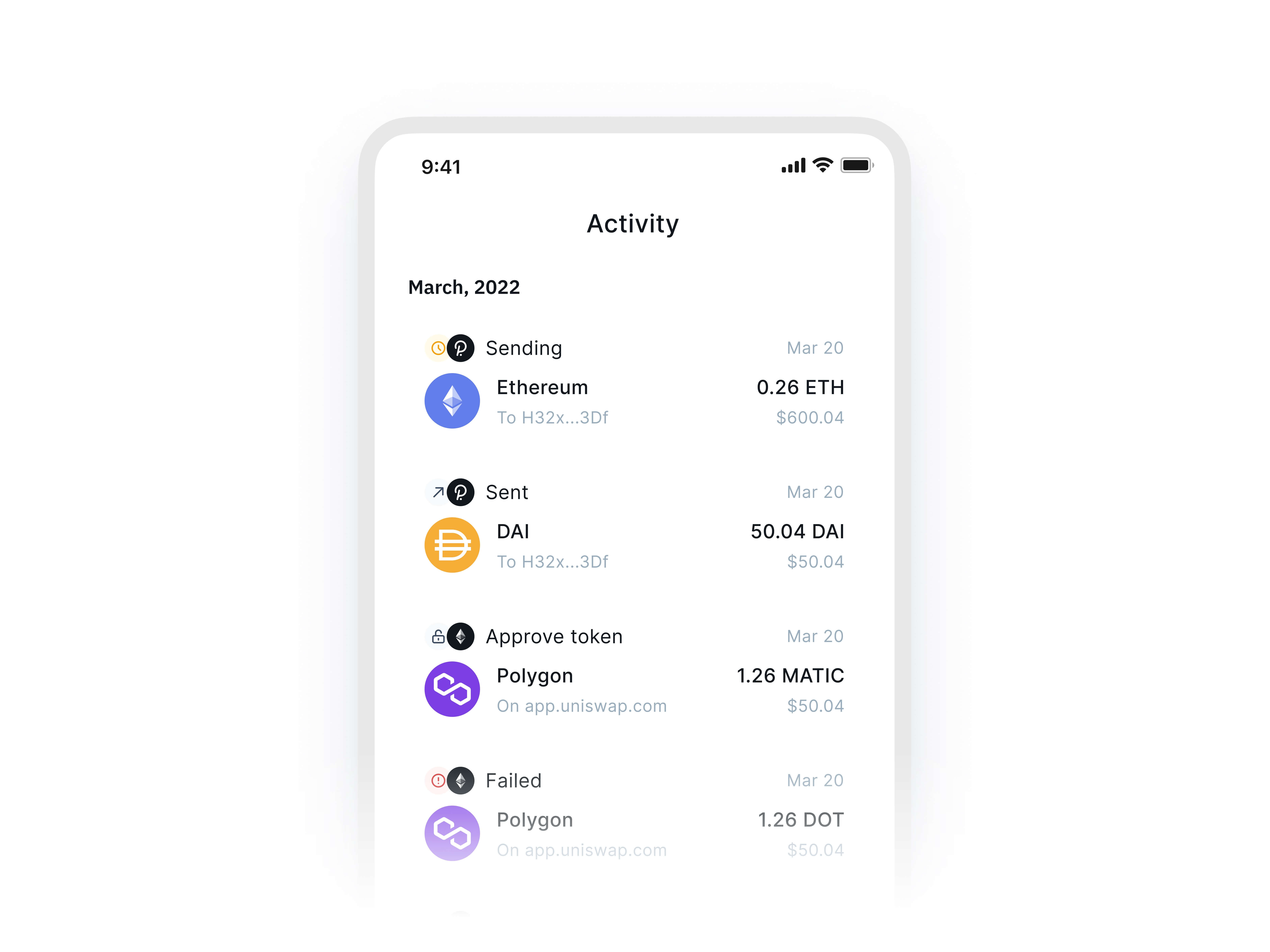 Laguna Wallet mobile activity feed showing crypto transaction history including Ethereum, DAI, and Polygon with status labels like sending, approved, and failed