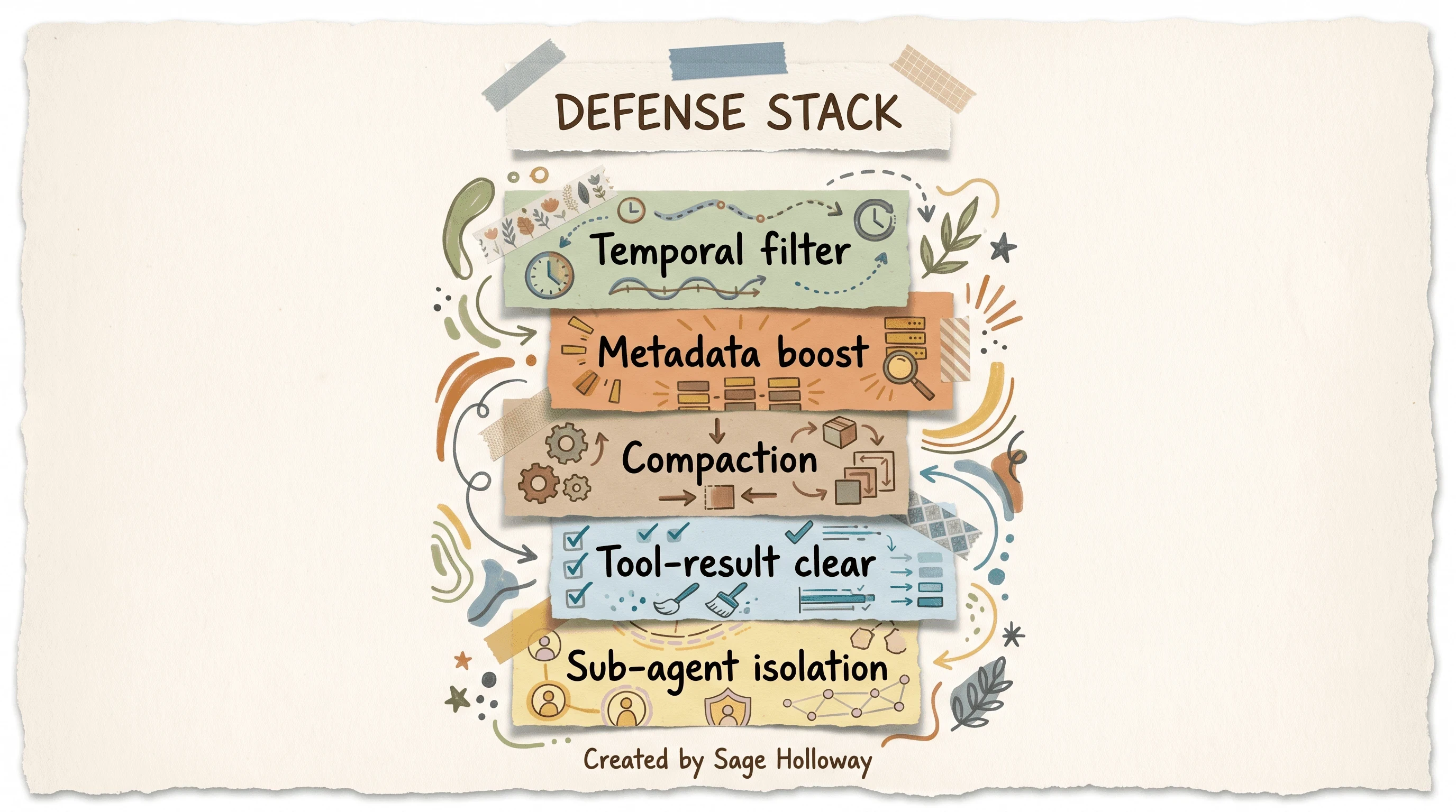 Scrapbook stacked diagram of temporal filters, metadata boosting, compaction, and tool-result clearing