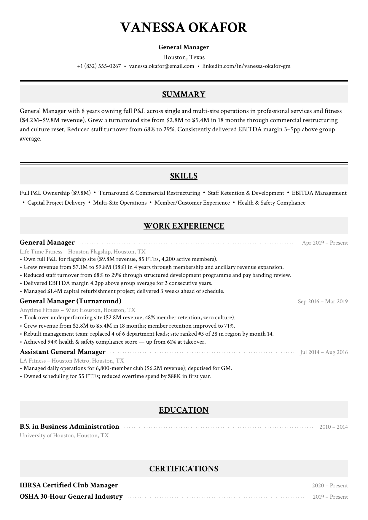 Mid-level general manager resume example