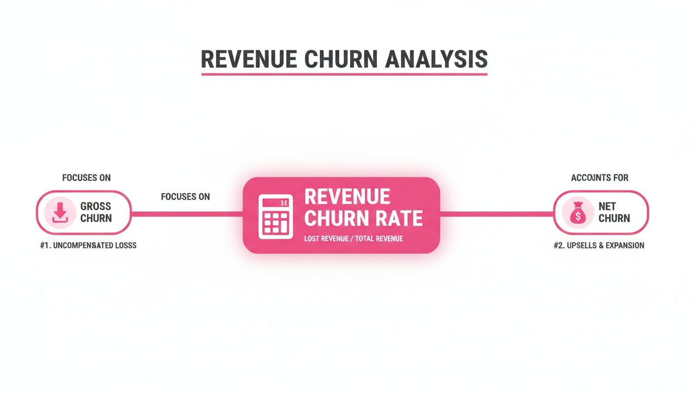 A diagram illustrating revenue churn analysis, showing gross churn, net churn, and the revenue churn rate calculation.