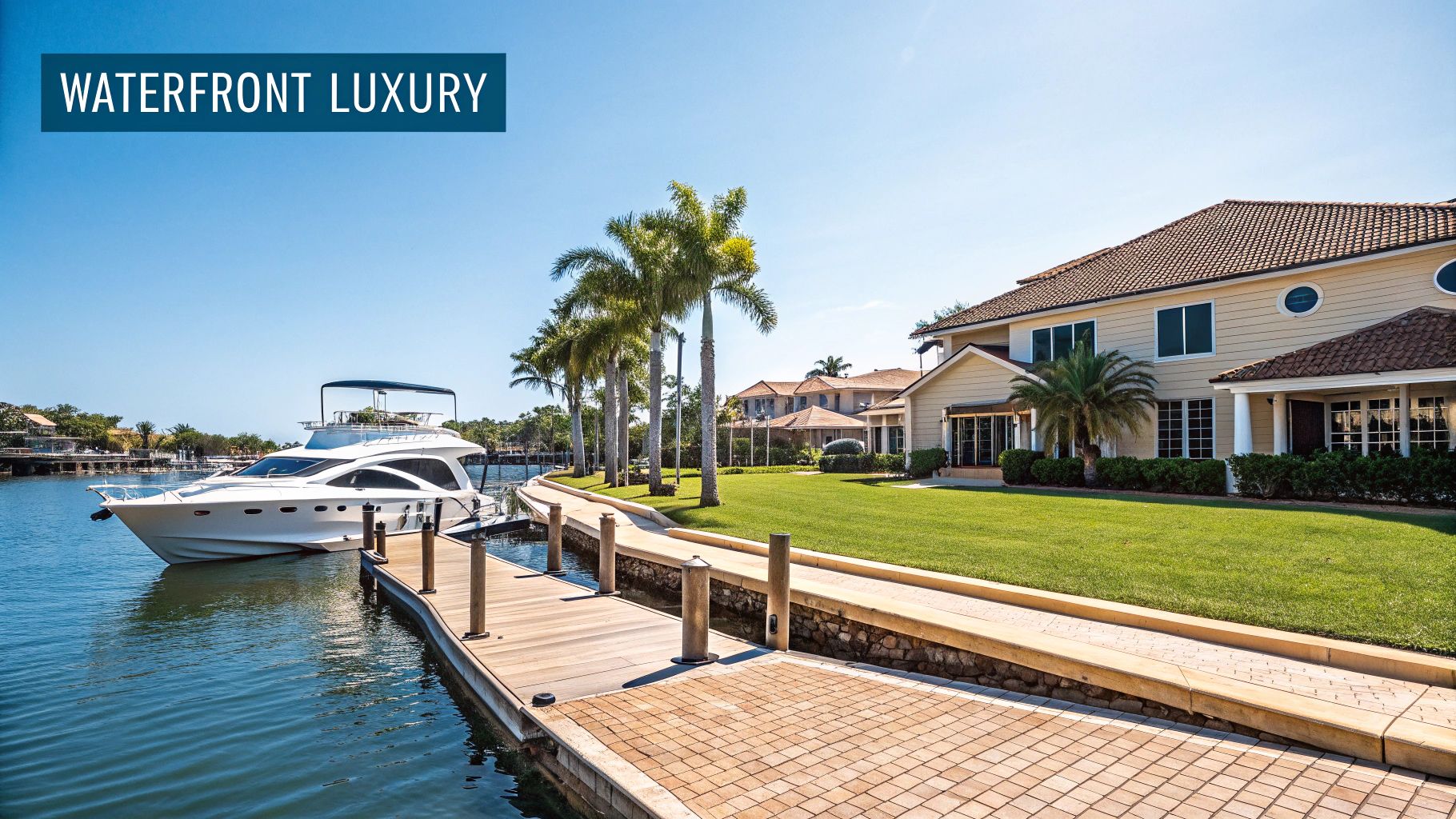 A luxurious waterfront home with a private dock, large boat, a green lawn, and palm trees.