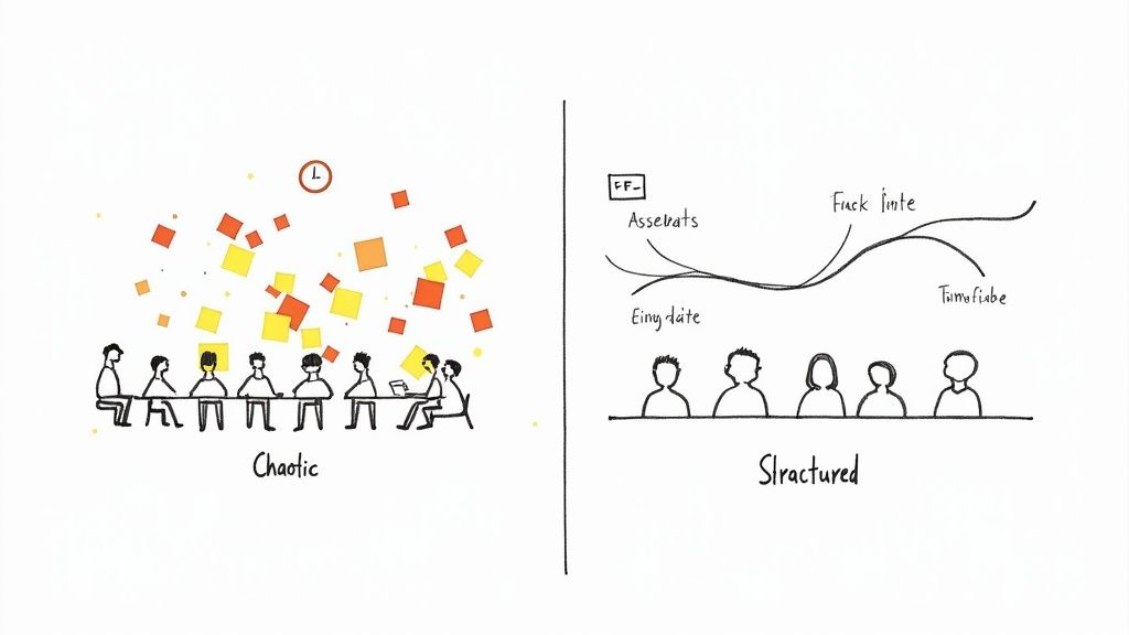 An illustration comparing a chaotic meeting with scattered shapes and a structured meeting with organized lines, showing different meeting dynamics.