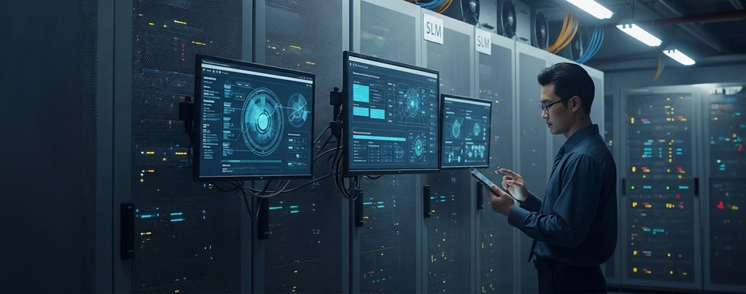 Man working at a server room with several monitors.