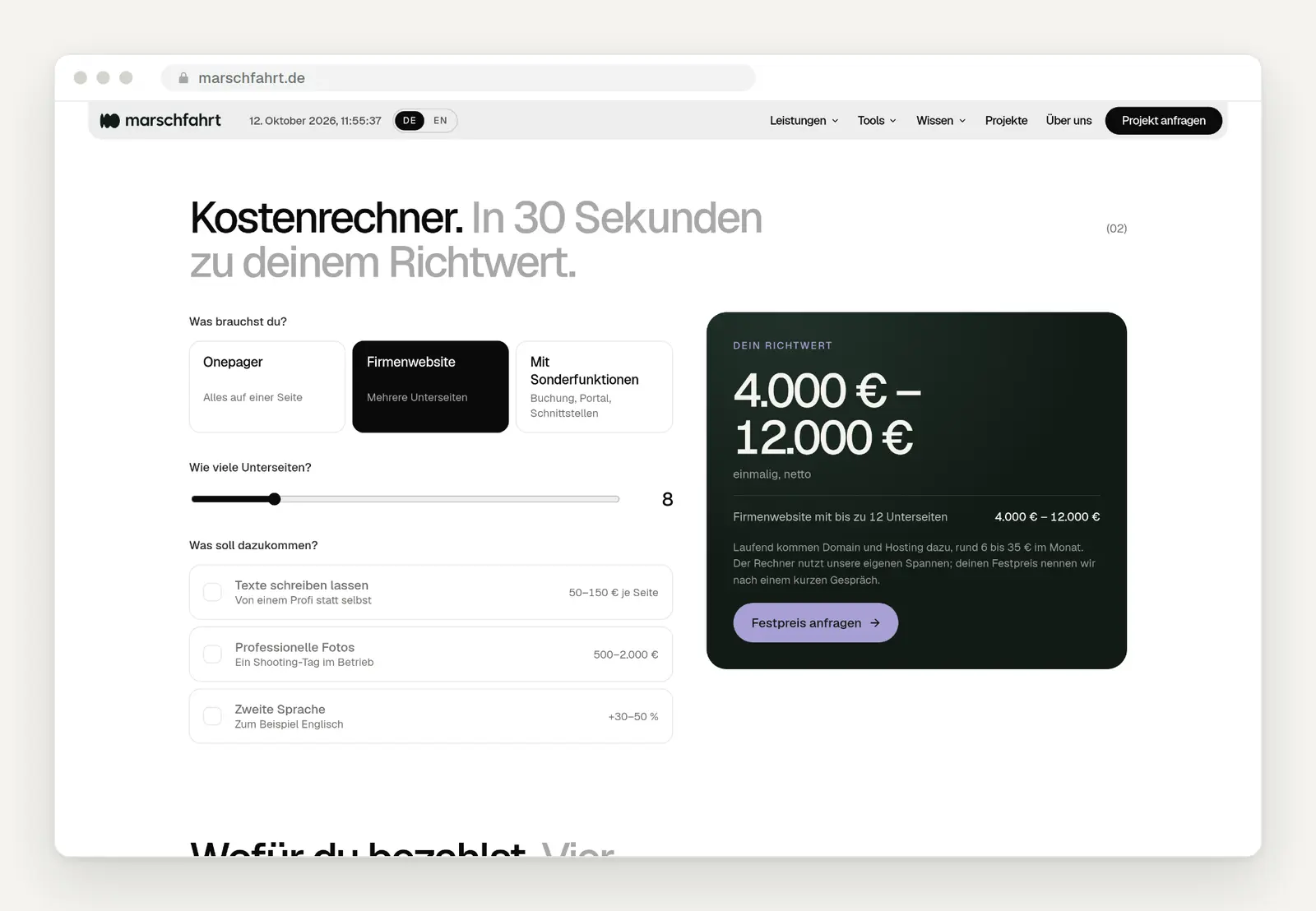 Kostenrechner für eine Website mit Richtwert für Onepager, Firmenwebsite und Sonderfunktionen