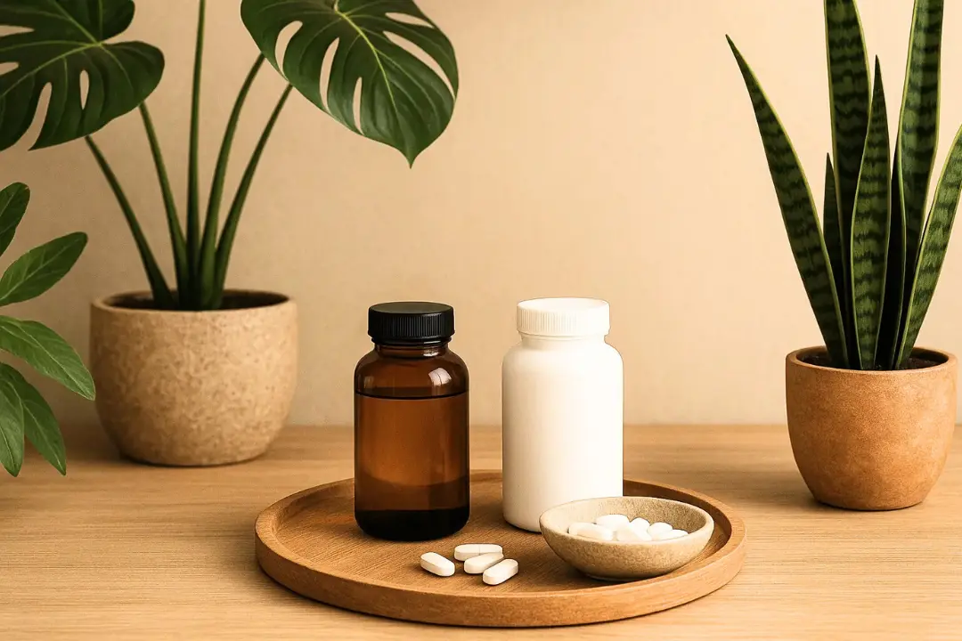 Supplements auf einer Tischplatte mit Pflanzen