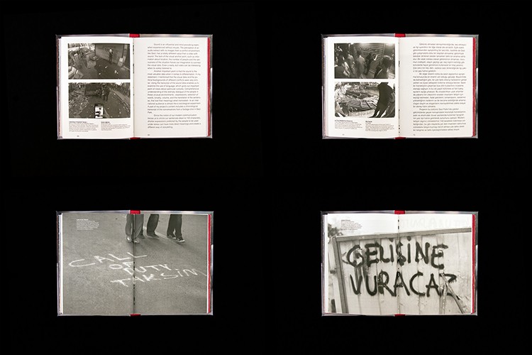 The image shows four open books arranged in a 2x2 grid against a black background. Each book has red bands along its spine. The top left book contains two black and white photographs: one showing a group of people standing outdoors, and the other showing a landscape with trees. The top right book includes two black and white photographs: one depicting people indoors, and the other showing a landscape. The bottom left book has the white text "CALL OF DUTY TAKSIN" on its cover. The bottom right book has black text on its cover that appears to read "GELISINE VURACAŞ".