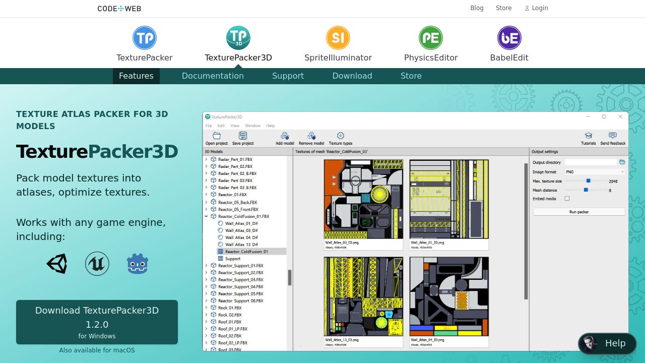 Screenshot of the TexturePacker3D website highlighting tool for packing 3D textures and materials