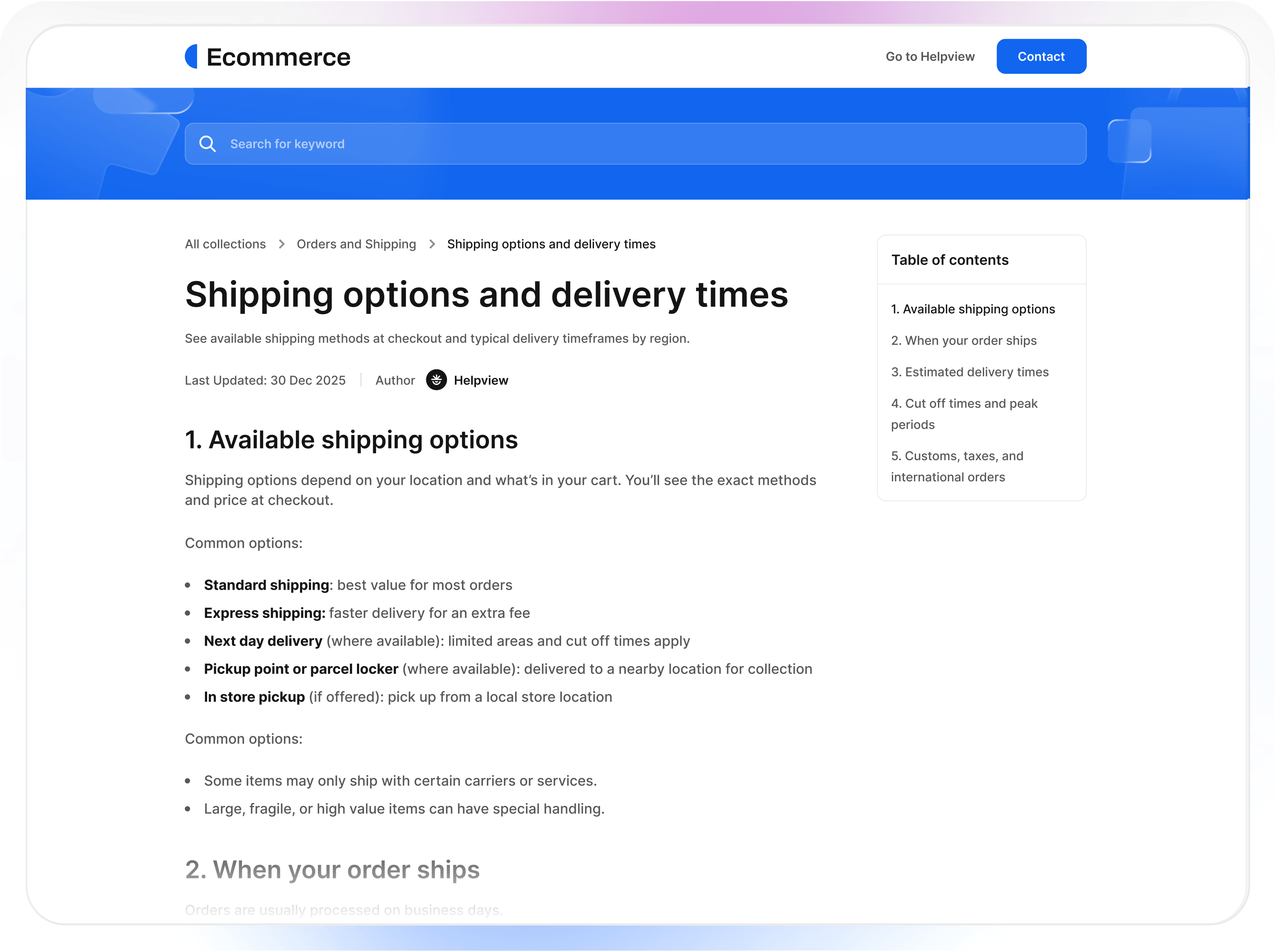 Ecommerce help center article about shipping options and delivery times created with Helpview.