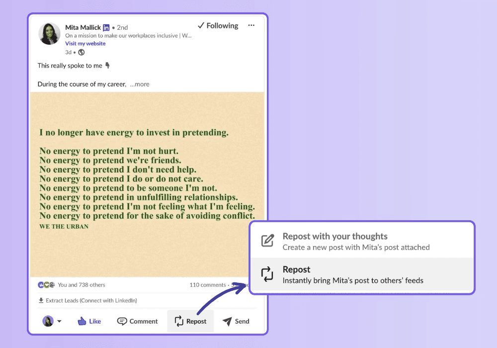 A highlight of LinkedIn's reposting feature showing two options: instant repost and report with your thoughts