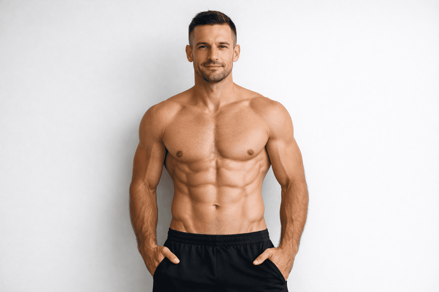 Shirtless, muscular man with defined abs and chest posing against a white background with his hands in his pockets.