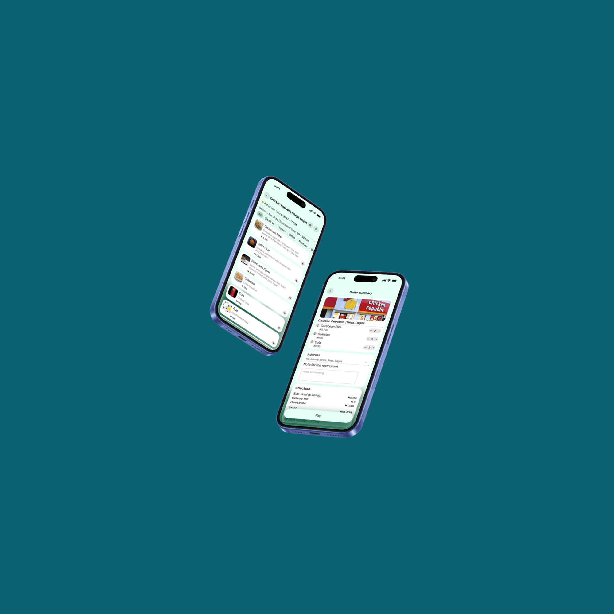 EatYum food delivery mobile application featuring restaurant menu categories and order summary checkout flow.