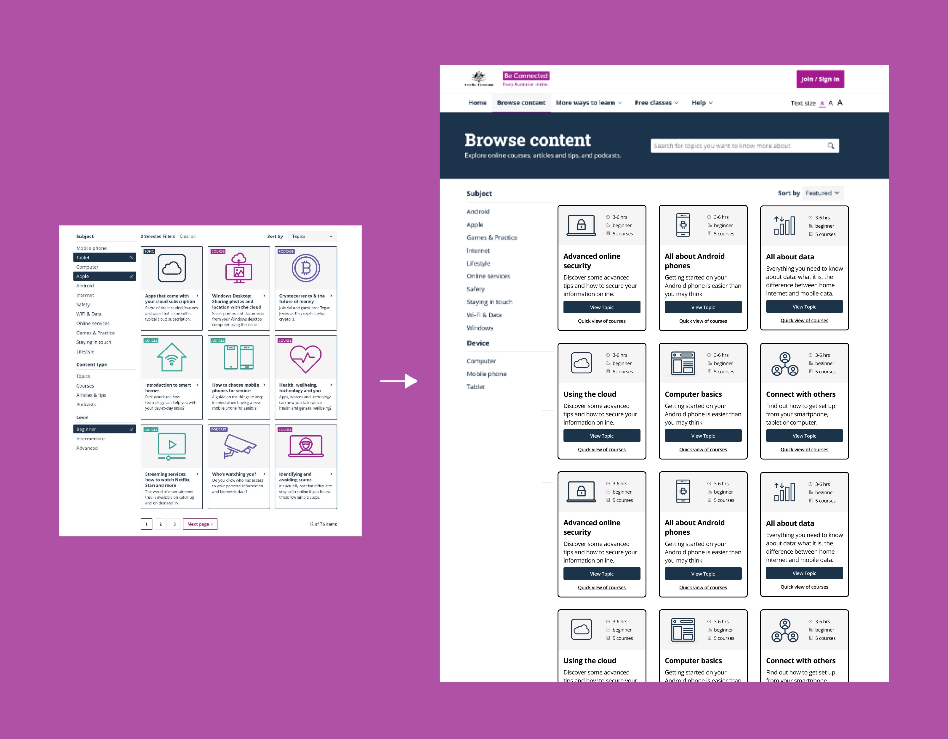 Be Connected browse content before and after audit