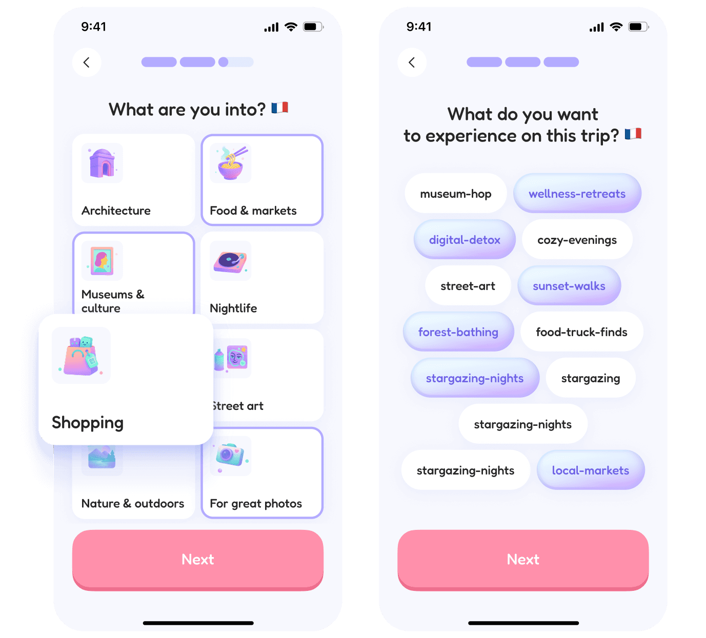 FlapTrip mobile app showing AI travel recommendations by vibe, food, and style