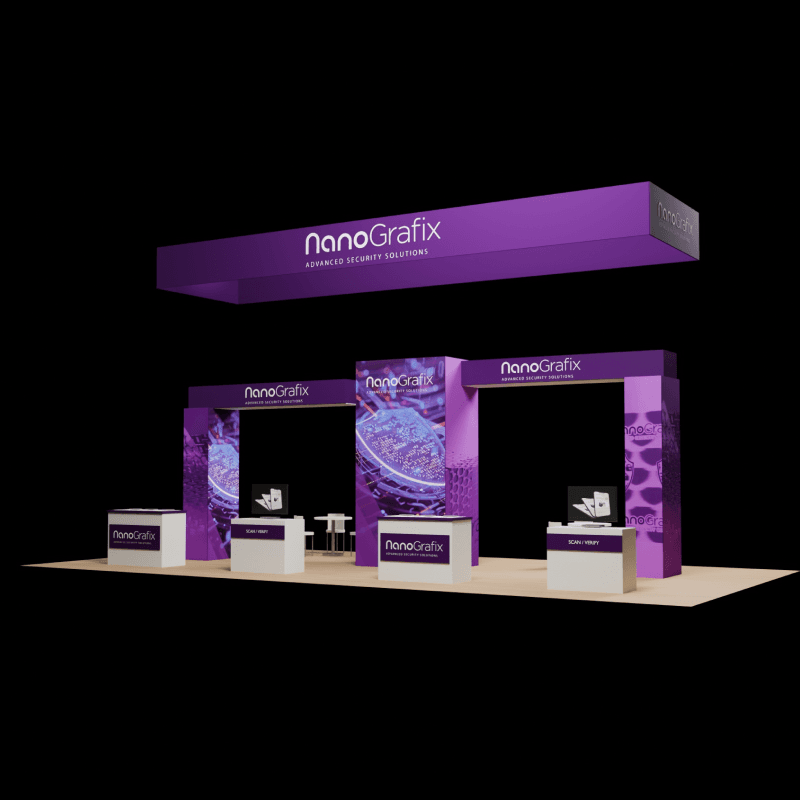 20x40 cybersecurity technology booth rental with overhead branding and multiple demo stations