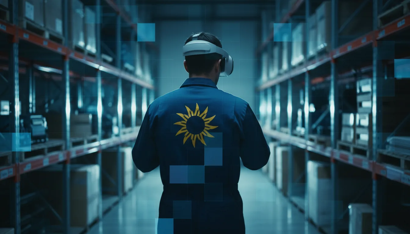 DSLR photograph, medium shot from behind of a male employee wearing a modern light grey VR headset and a dark blue uniform with a yellow sunburst logo. The setting is a dimly lit warehouse stockroom with industrial metal shelving softly blurred in the background. The image has cinematic contrast lighting with a cool blue and teal color grade. A digital graphic overlay of semi-transparent, gradient blue and purple squares is layered across the scene.