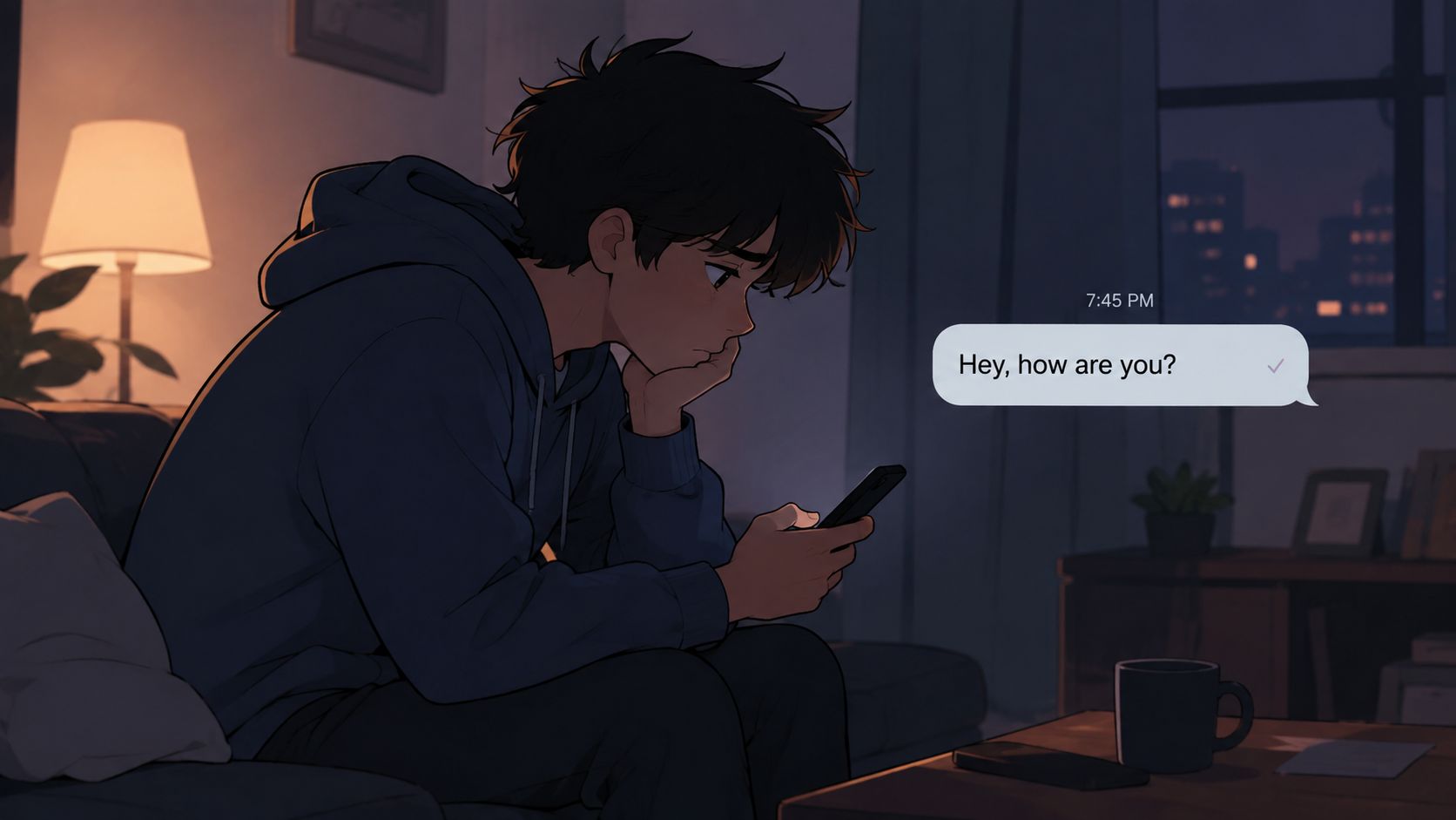 A lonely anime boy looking at his smartphone while sitting on a sofa in a dim room.