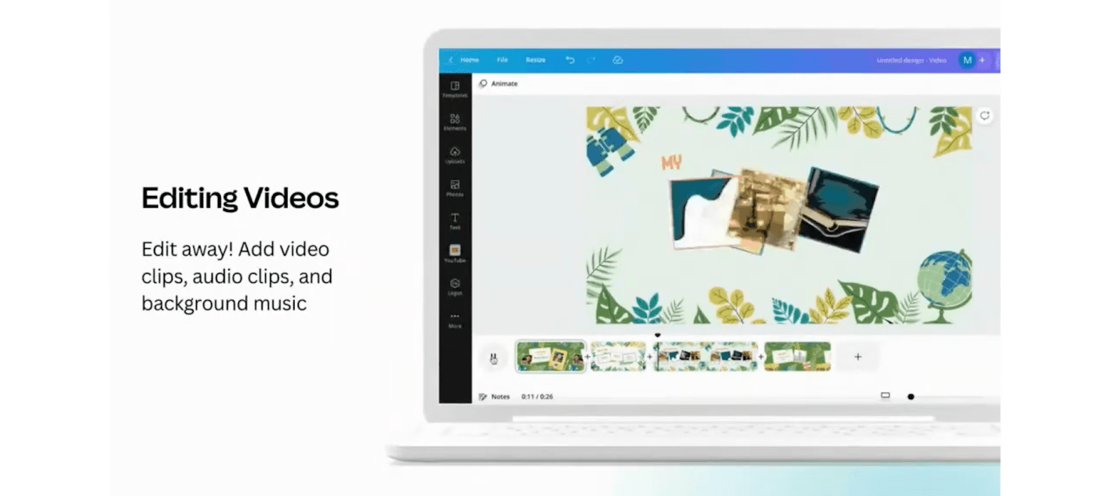 Laptop screen displays Canva’s video editor with a project featuring travel-themed graphics. Text on the left highlights features for editing videos, including adding clips, audio, and background music.