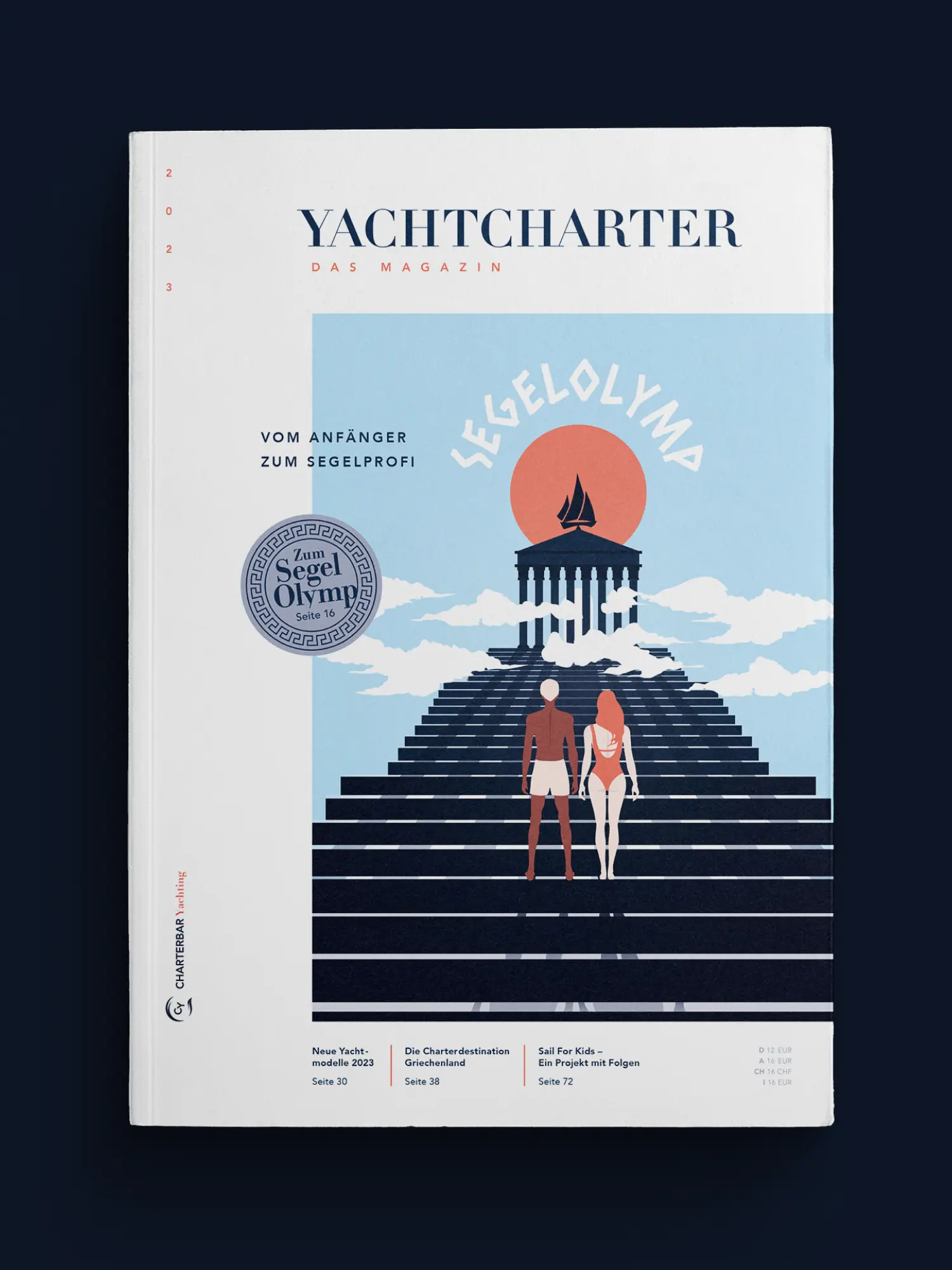 Magazin-Cover YACHTCHARTER DAS MAGAZIN 2023 mit Illustration Segelolymp und Teasern zu Griechenland und neuen Yachtmodellen.