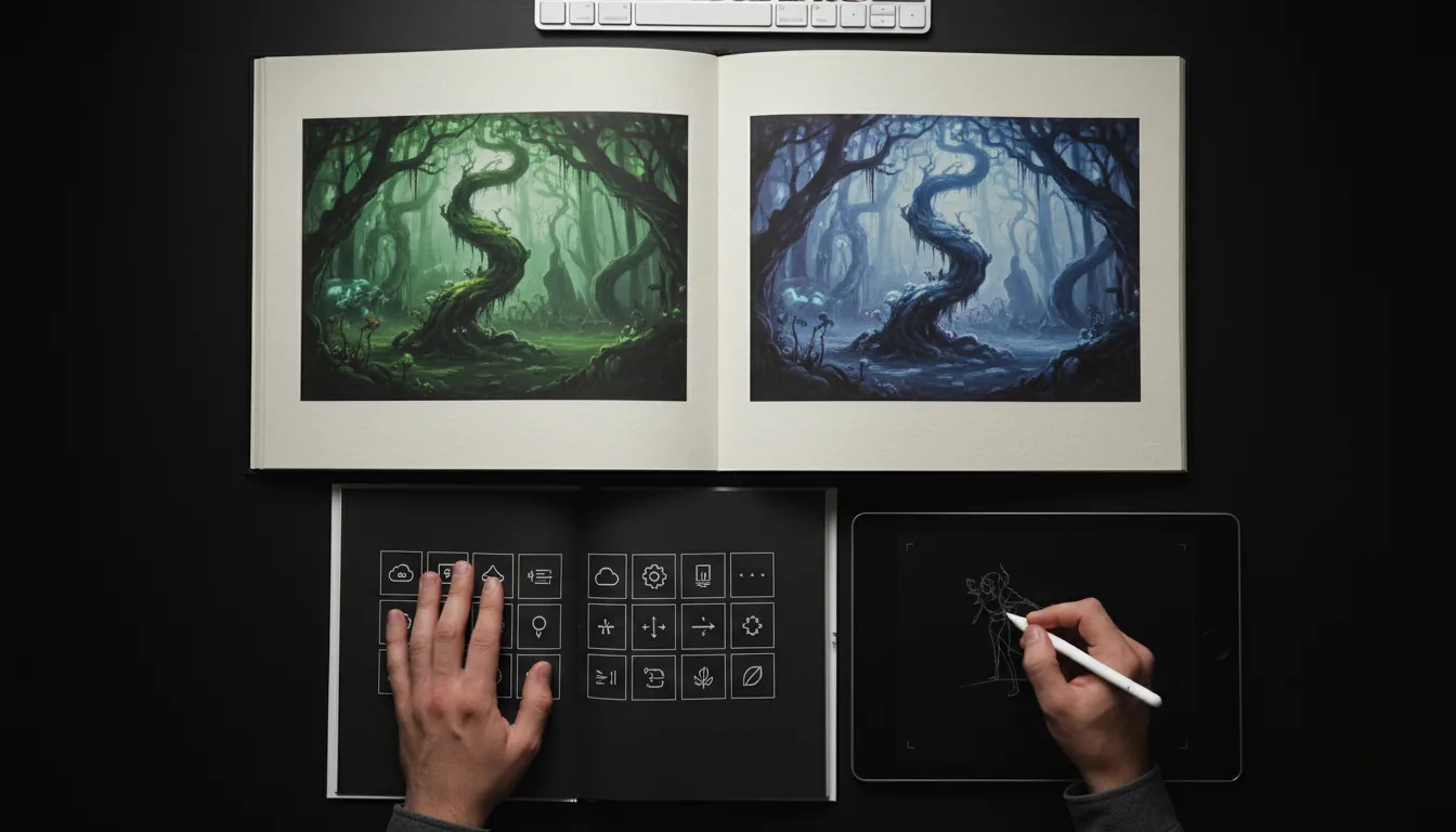 DSLR flat lay photograph from a top-down angle, capturing a digital artist's workspace on a black desk. Soft studio lighting creates a moody, high-contrast scene. An open art book displays detailed digital paintings of a spooky, gnarled forest, one with a green palette and another with a blue palette. Another open book features a grid of crisp, white minimalist icons on a matte black page. A person's hands are in the frame; one holds a white digital stylus against a black tablet screen, while the other rests on the open icon book. The corner of a silver and white keyboard is visible at the top edge. The image has a sharp focus, emphasizing the textures of the paper and hands.