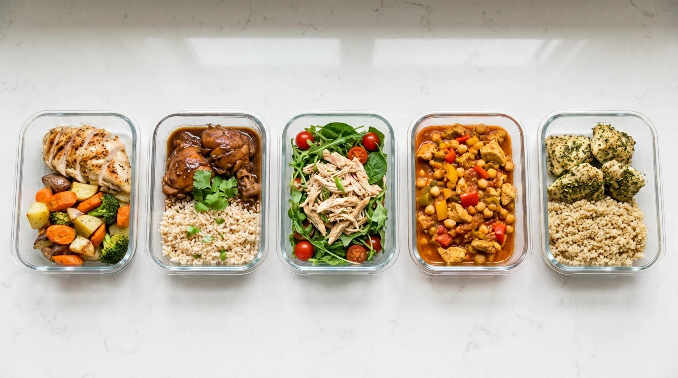 Five glass meal prep containers with varied chicken meals, grains, vegetables, greens, and sauces arranged on a kitchen counter.