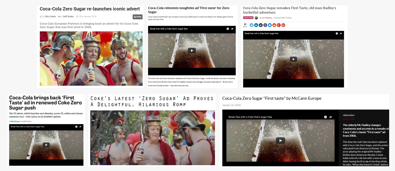 Press coverage mosaic showing six media articles about Coca-Cola Zero Sugar 'First Taste' campaign relaunch featuring headlines from Creative Review, McCann Europe and multiple trade publications covering the Mr Hadley TV advert remake