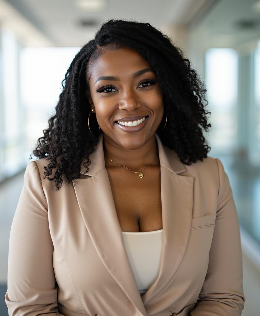 Britney Smallwood smiling in a beige blazer in a bright office