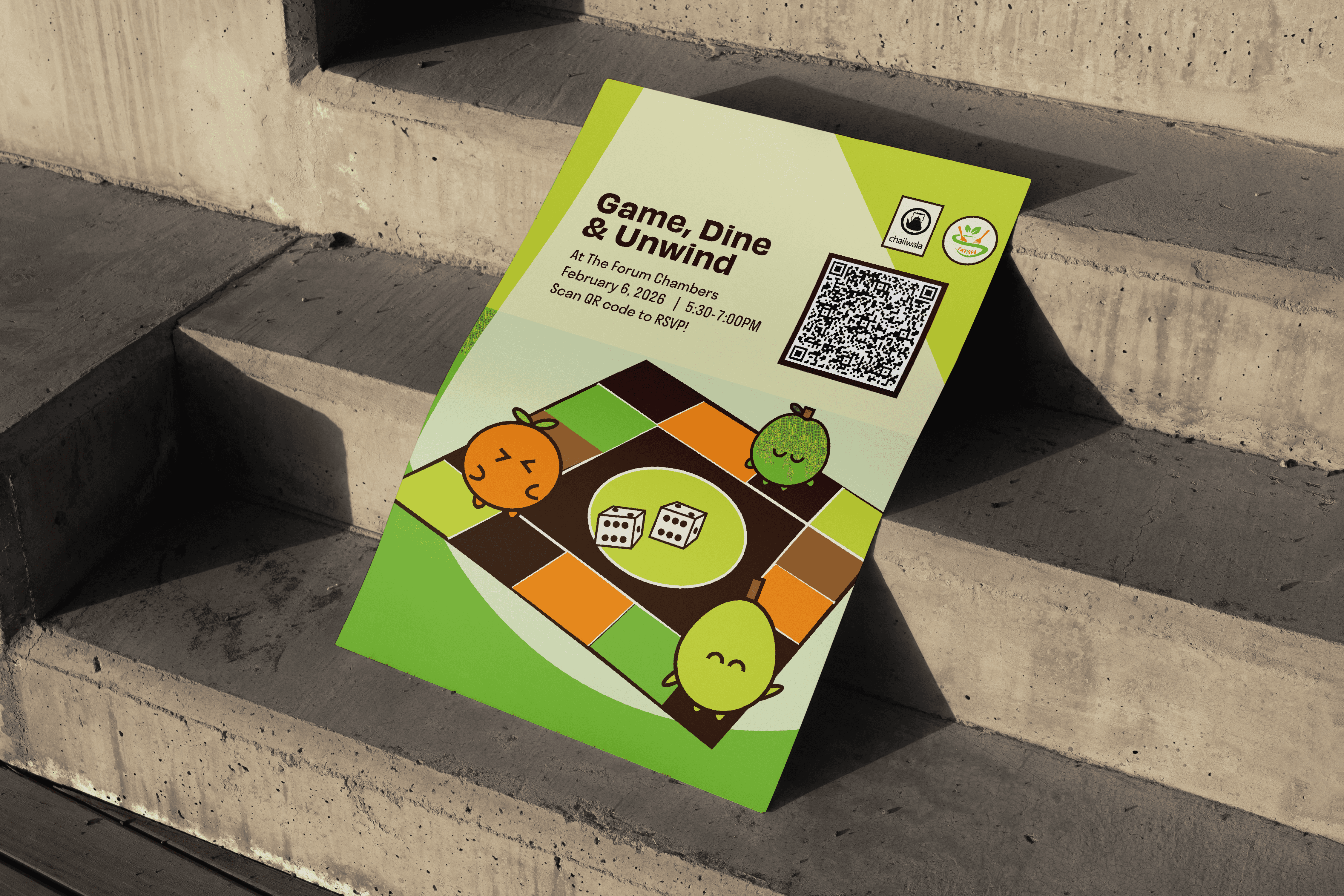 A green and orange event poster for EAT!SFU placed on concrete stairs