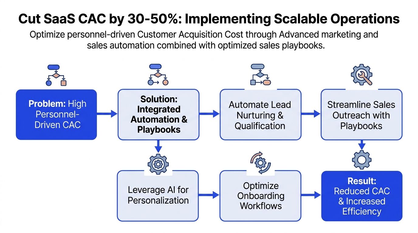 A flowchart showing how implementing scalable operations and automation reduces SaaS customer acquisition costs for businesses.