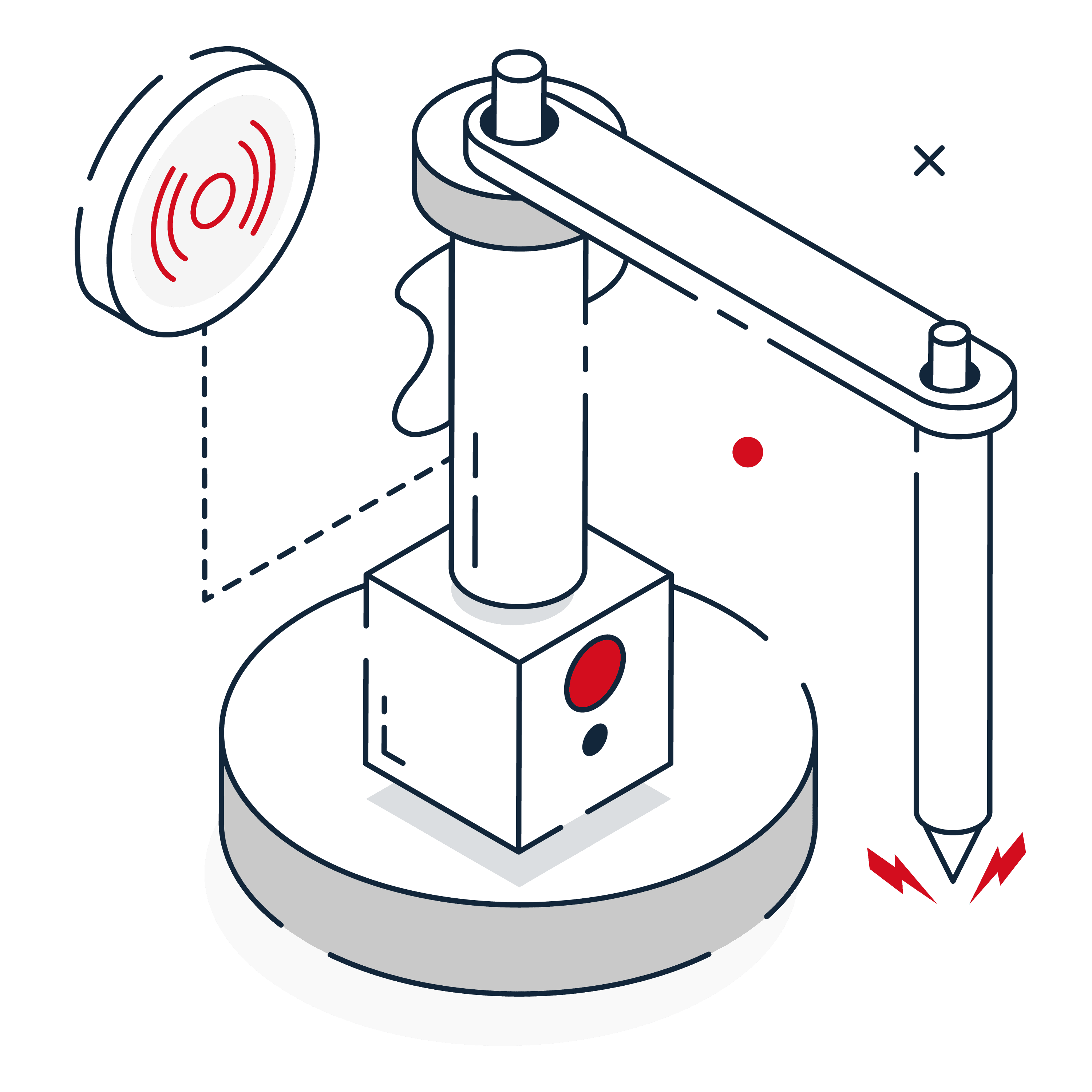 Icon showing a robotic laser cutting machine cutting metal