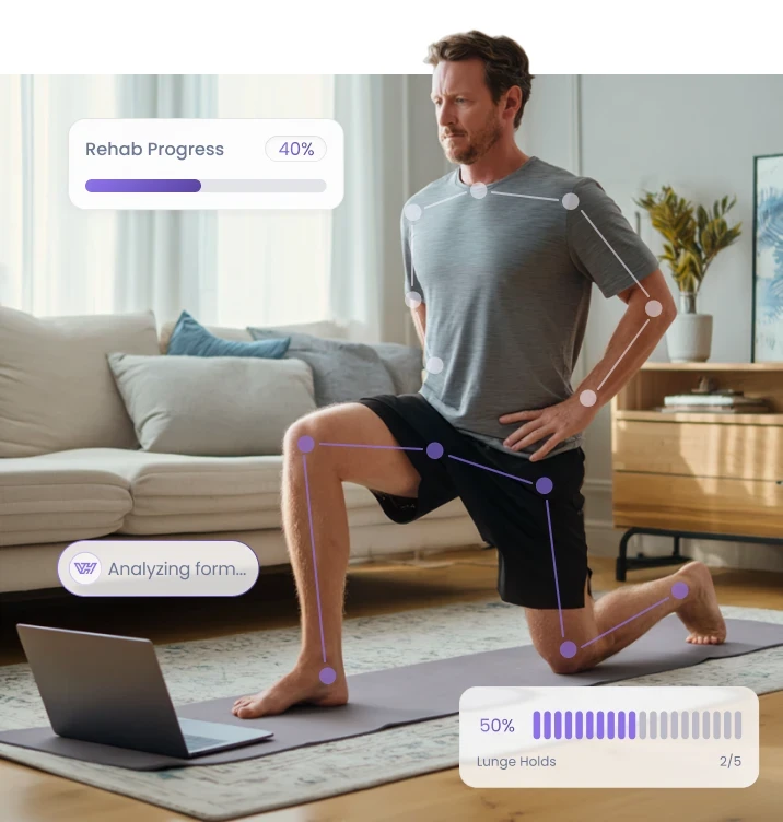 Man Performing PT stretches in his living room with a virutal therapist