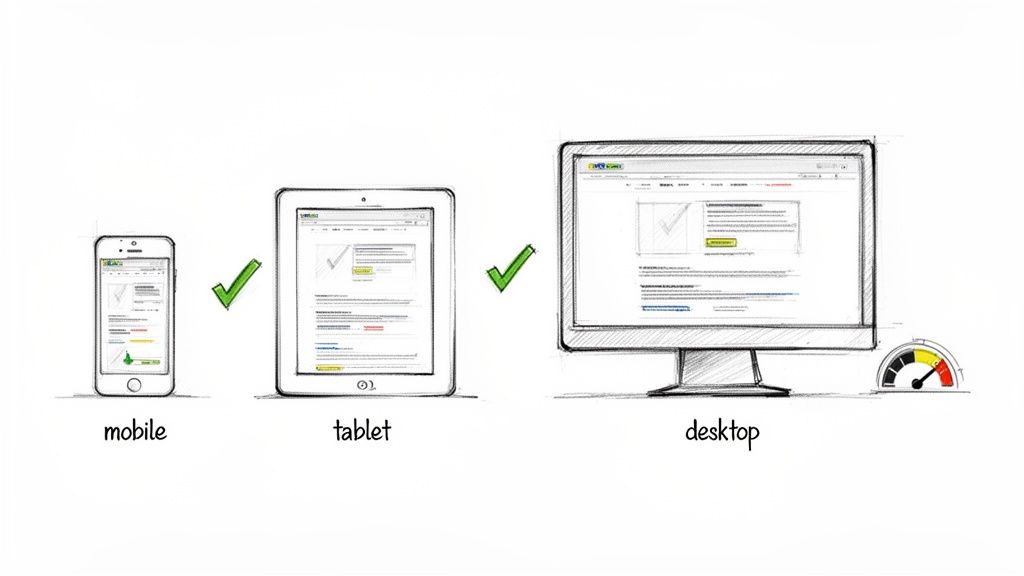 Illustration showing a website displayed responsively with checkmarks on mobile, tablet, and desktop devices.