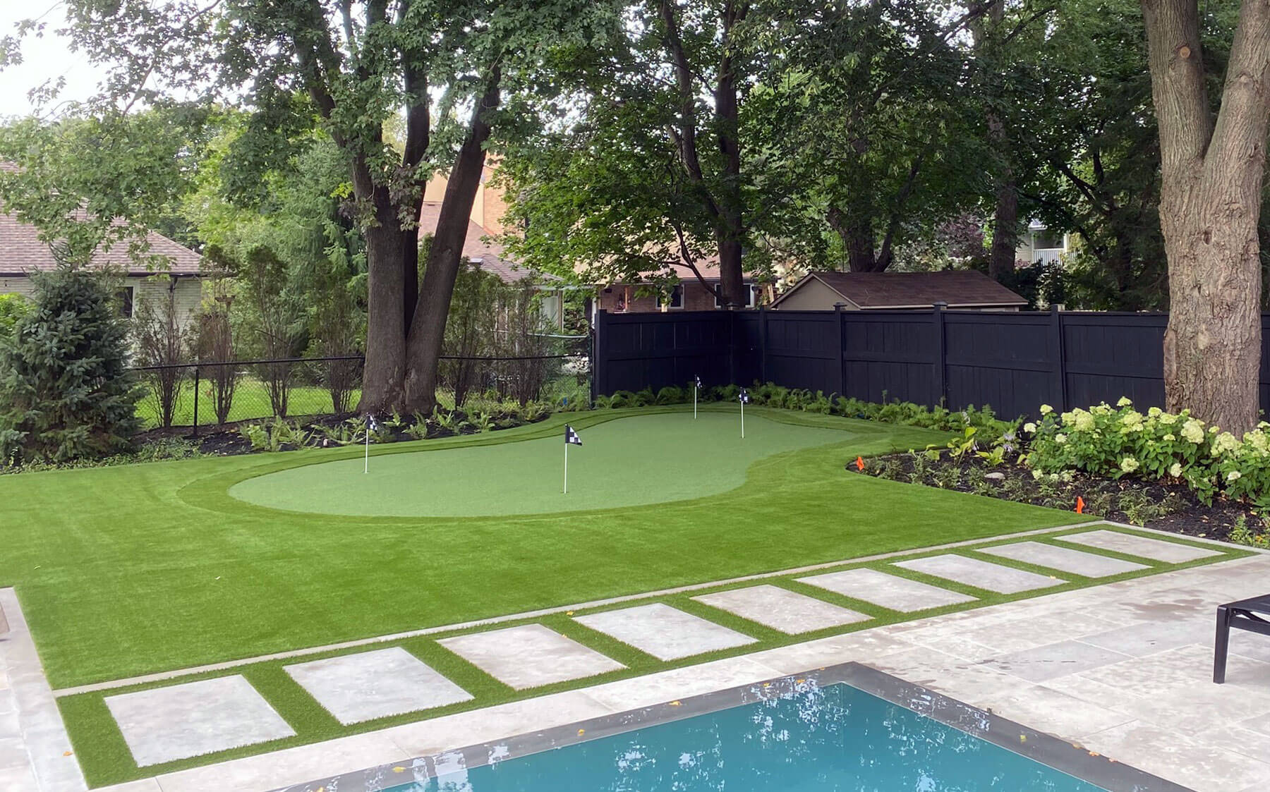 A backyard scene with AGL Grass North Golf Leisure putting turf and a refreshing pool, perfect for leisure and relaxation.