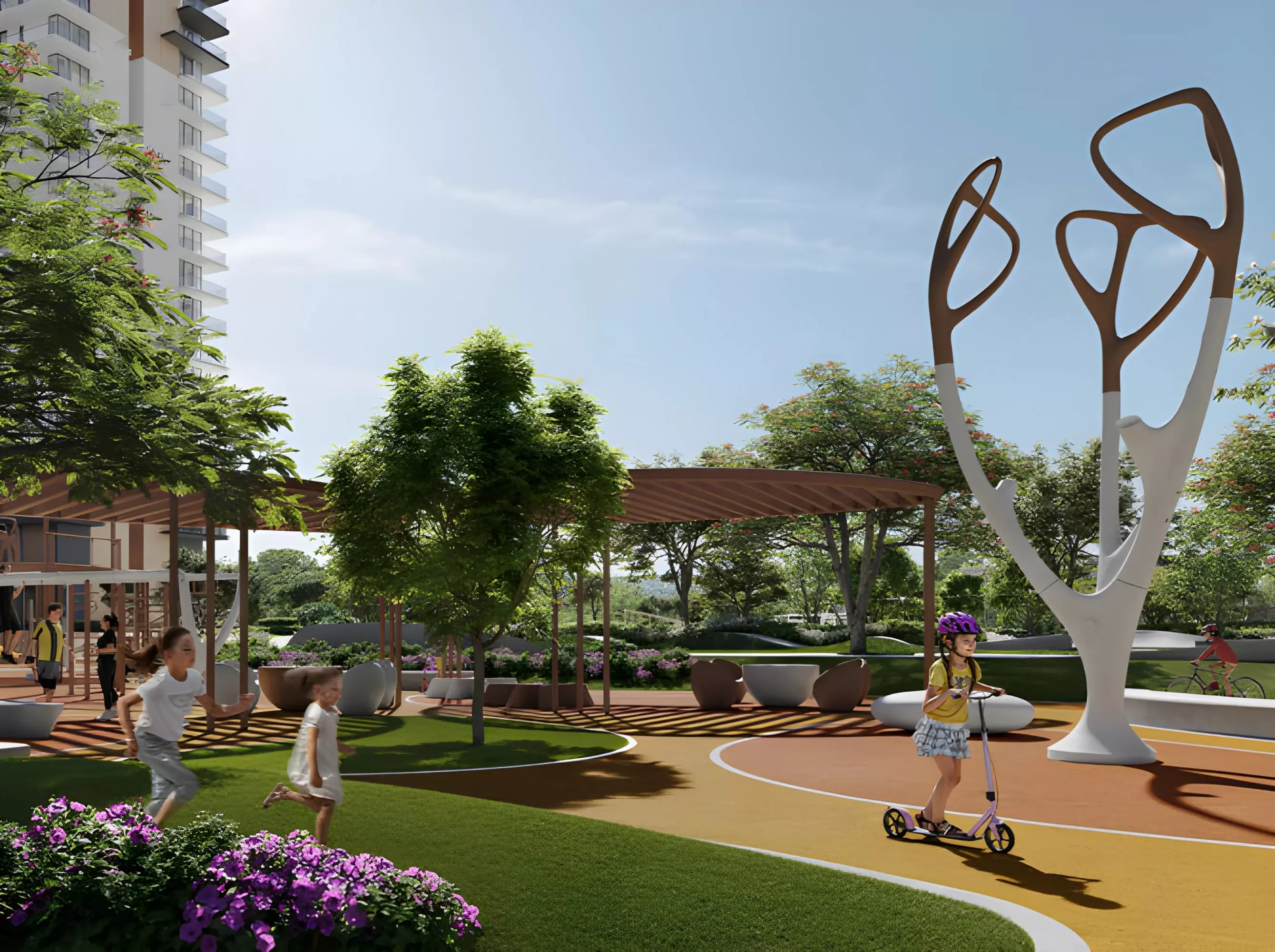 Children playing in a landscaped outdoor park with artful structures at Emaar Parkwood, Dubai