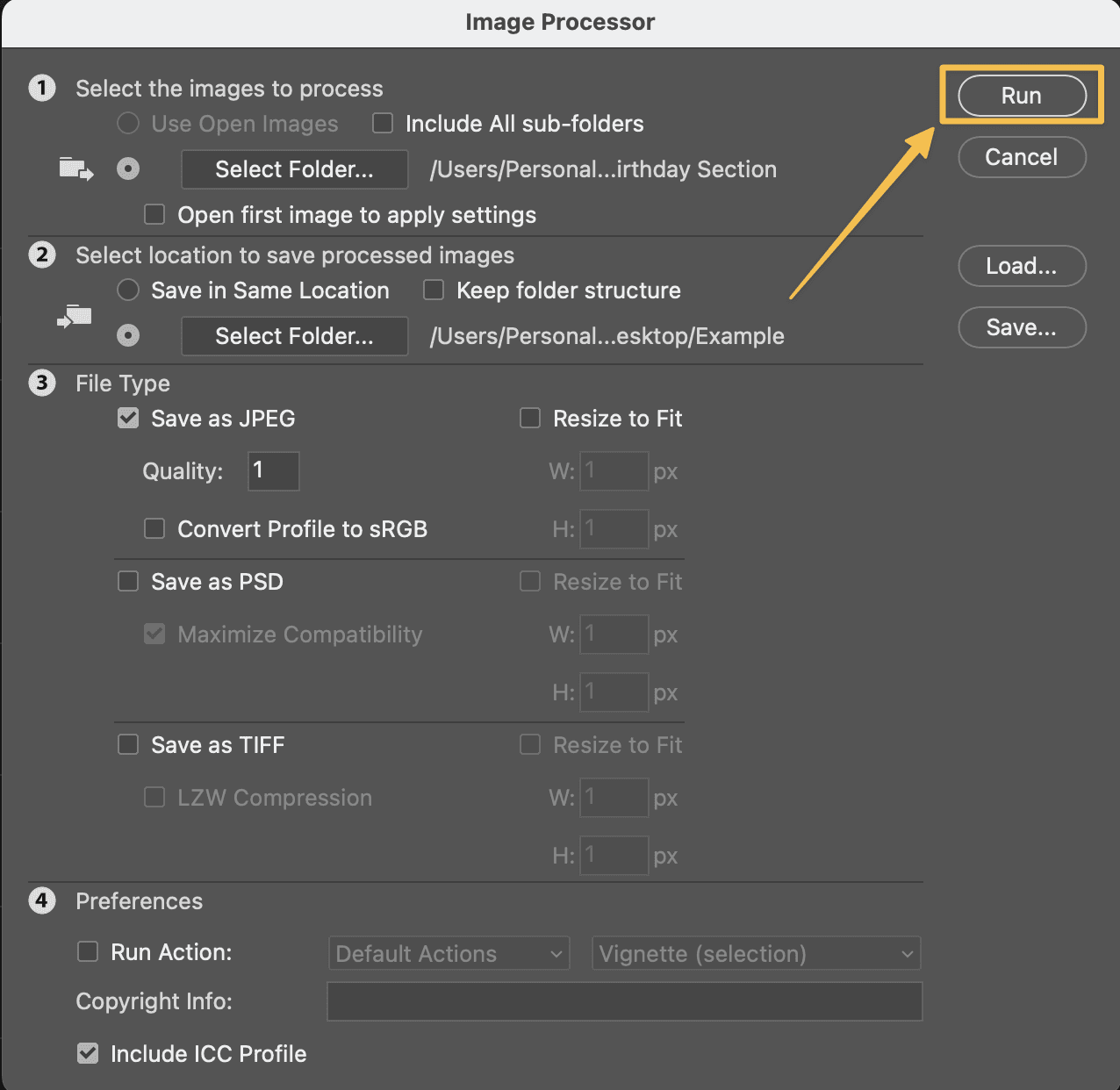Arrow pointing to "Run" button