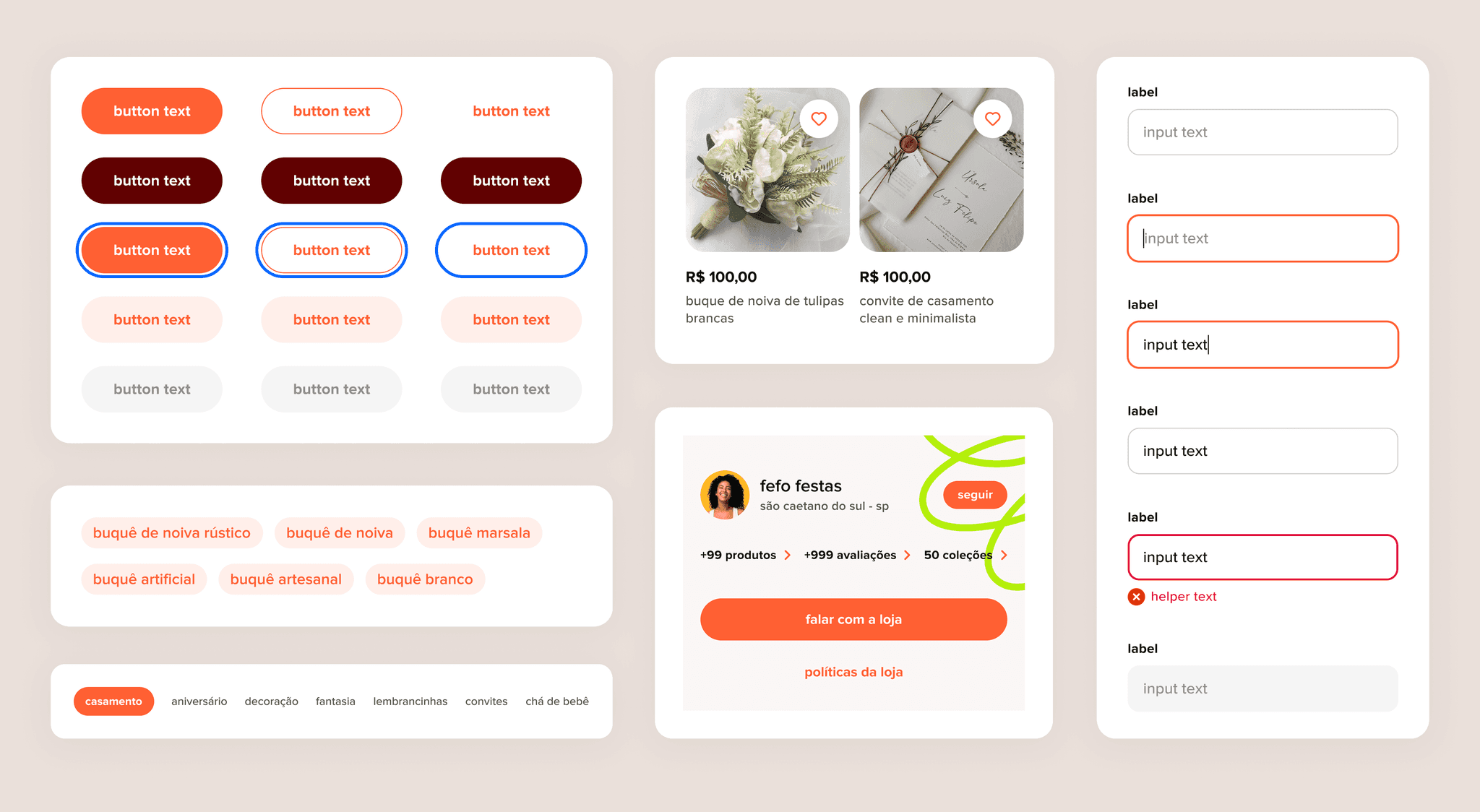 Design system interface showing styled buttons, input fields with labels and states, user profile cards, filter chips, brand logos, and reaction counters on an orange background.