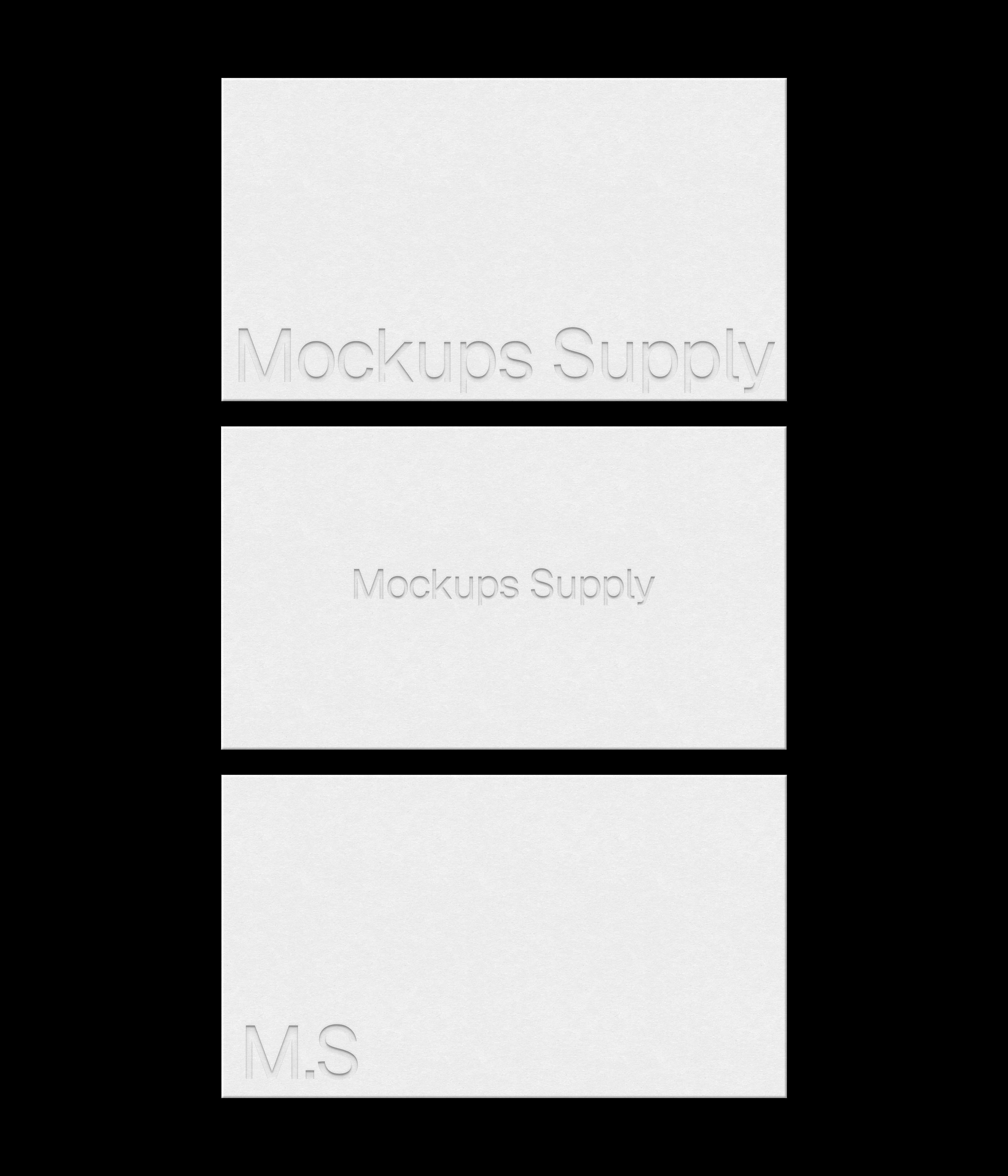 3 US Canada business cards mockup in column for Photoshop with debossed text effect, white cards on black background, minimal branding and stationery presentation