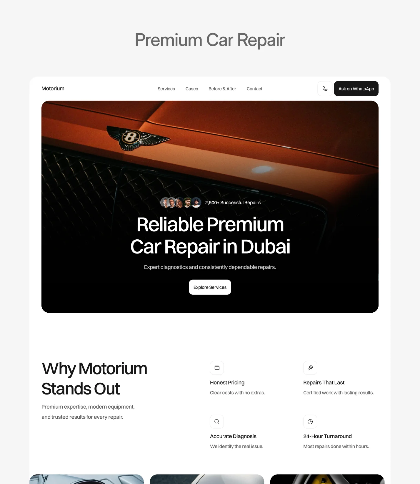 Car repair website template homepage preview with service focused structure