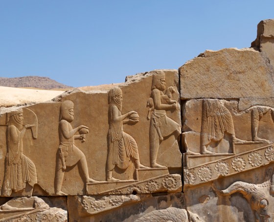 Cultural heritage photography from Persepolis, capturing an ancient stone relief sculpture of a procession against a clear blue sky.